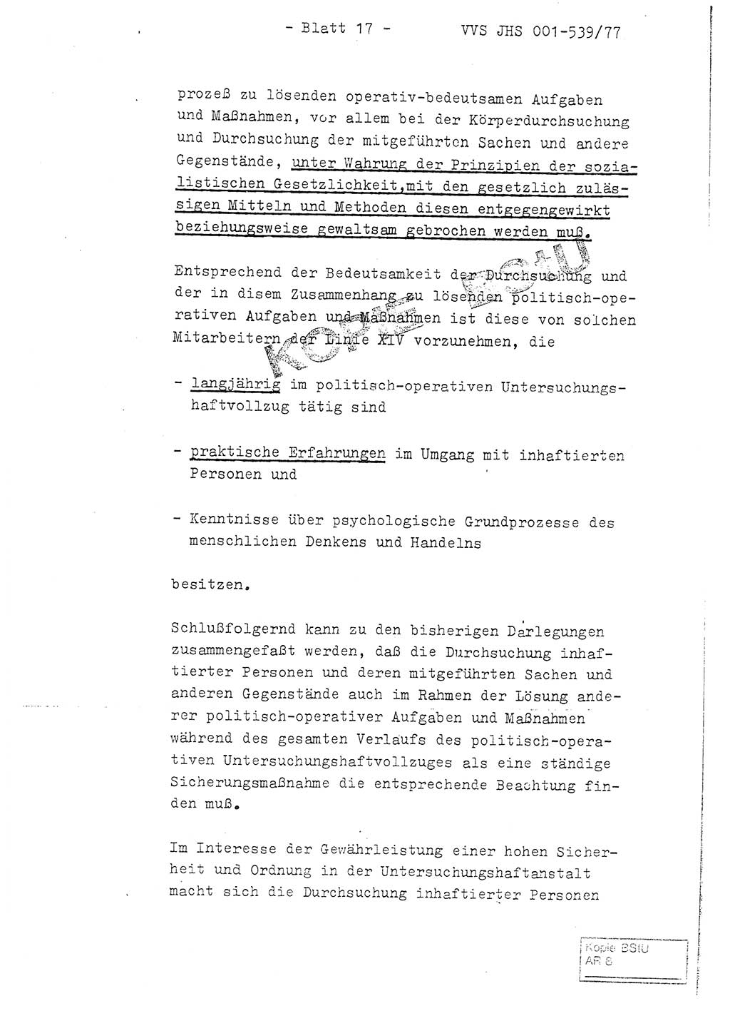 Fachschulabschlußarbeit Hauptmann Dietrich Jung (Abt. ⅩⅣ), Leutnant Klaus Klötzner (Abt. ⅩⅣ), Ministerium für Staatssicherheit (MfS) [Deutsche Demokratische Republik (DDR)], Juristische Hochschule (JHS), Vertrauliche Verschlußsache (VVS) 001-539/77, Potsdam 1978, Seite 17 (FS-Abschl.-Arb. MfS DDR JHS VVS 001-539/77 1978, S. 17)