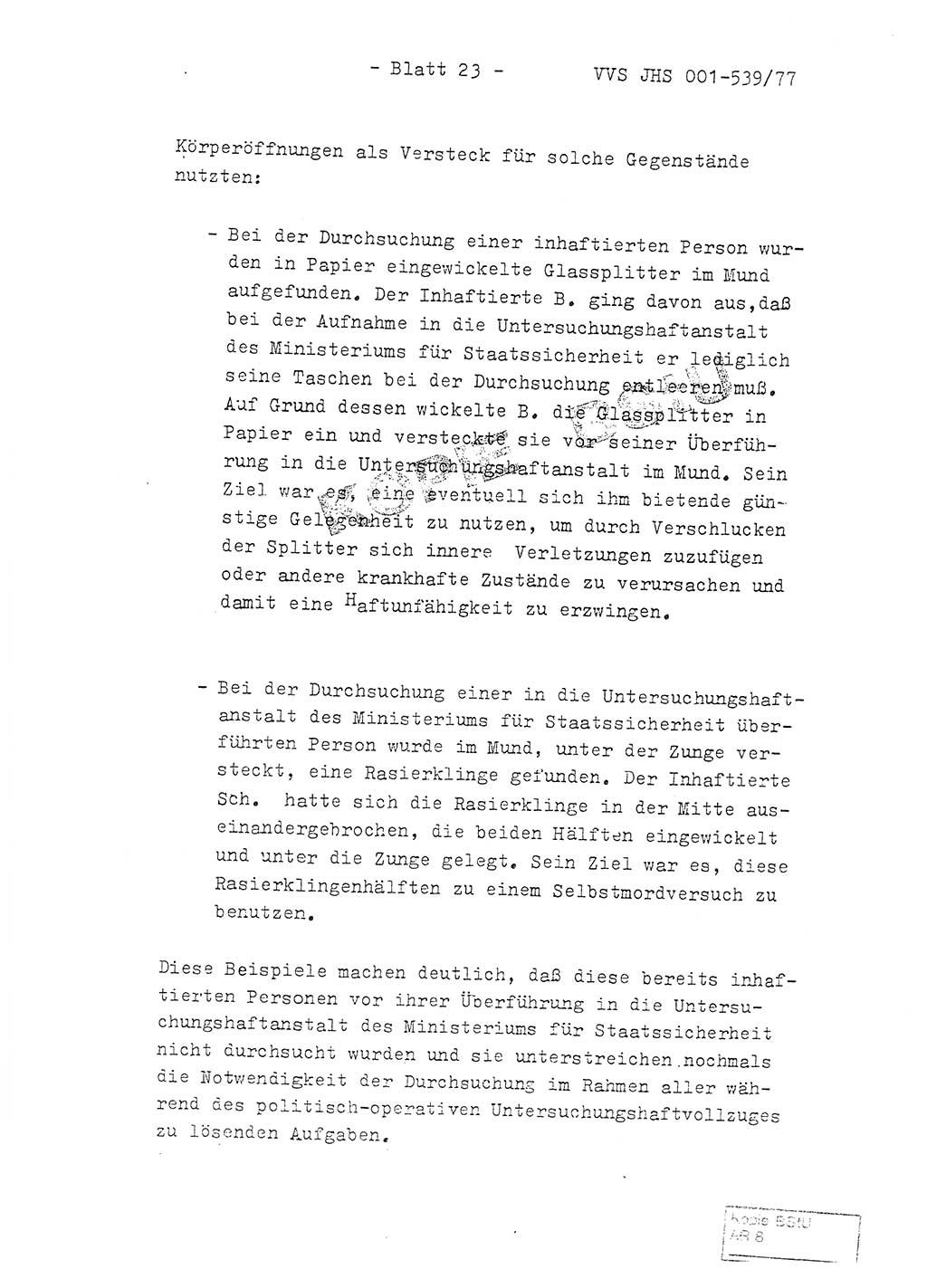 Fachschulabschlußarbeit Hauptmann Dietrich Jung (Abt. ⅩⅣ), Leutnant Klaus Klötzner (Abt. ⅩⅣ), Ministerium für Staatssicherheit (MfS) [Deutsche Demokratische Republik (DDR)], Juristische Hochschule (JHS), Vertrauliche Verschlußsache (VVS) 001-539/77, Potsdam 1978, Seite 23 (FS-Abschl.-Arb. MfS DDR JHS VVS 001-539/77 1978, S. 23)