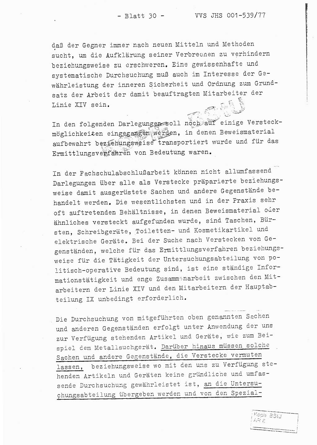 Fachschulabschlußarbeit Hauptmann Dietrich Jung (Abt. ⅩⅣ), Leutnant Klaus Klötzner (Abt. ⅩⅣ), Ministerium für Staatssicherheit (MfS) [Deutsche Demokratische Republik (DDR)], Juristische Hochschule (JHS), Vertrauliche Verschlußsache (VVS) 001-539/77, Potsdam 1978, Seite 30 (FS-Abschl.-Arb. MfS DDR JHS VVS 001-539/77 1978, S. 30)