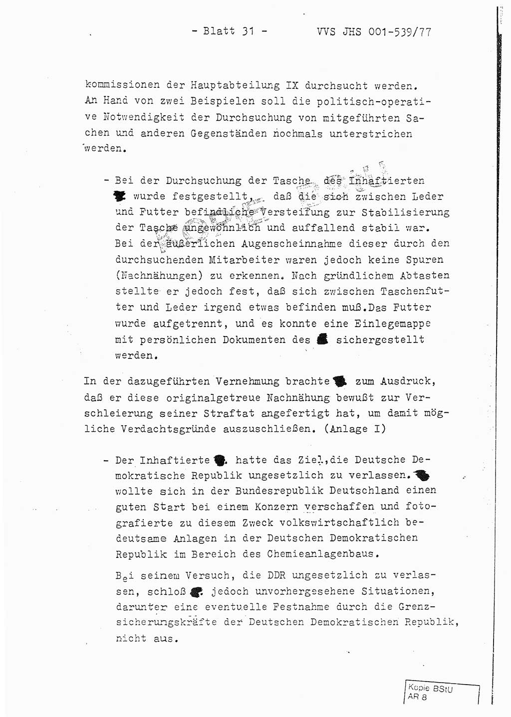 Fachschulabschlußarbeit Hauptmann Dietrich Jung (Abt. ⅩⅣ), Leutnant Klaus Klötzner (Abt. ⅩⅣ), Ministerium für Staatssicherheit (MfS) [Deutsche Demokratische Republik (DDR)], Juristische Hochschule (JHS), Vertrauliche Verschlußsache (VVS) 001-539/77, Potsdam 1978, Seite 31 (FS-Abschl.-Arb. MfS DDR JHS VVS 001-539/77 1978, S. 31)