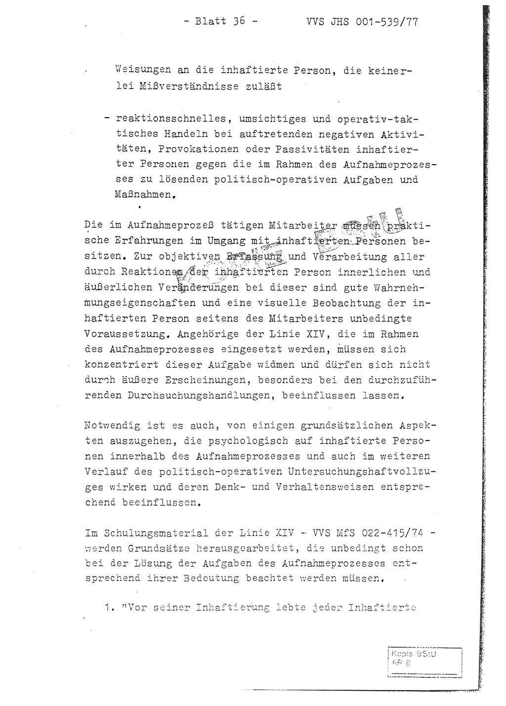 Fachschulabschlußarbeit Hauptmann Dietrich Jung (Abt. ⅩⅣ), Leutnant Klaus Klötzner (Abt. ⅩⅣ), Ministerium für Staatssicherheit (MfS) [Deutsche Demokratische Republik (DDR)], Juristische Hochschule (JHS), Vertrauliche Verschlußsache (VVS) 001-539/77, Potsdam 1978, Seite 36 (FS-Abschl.-Arb. MfS DDR JHS VVS 001-539/77 1978, S. 36)