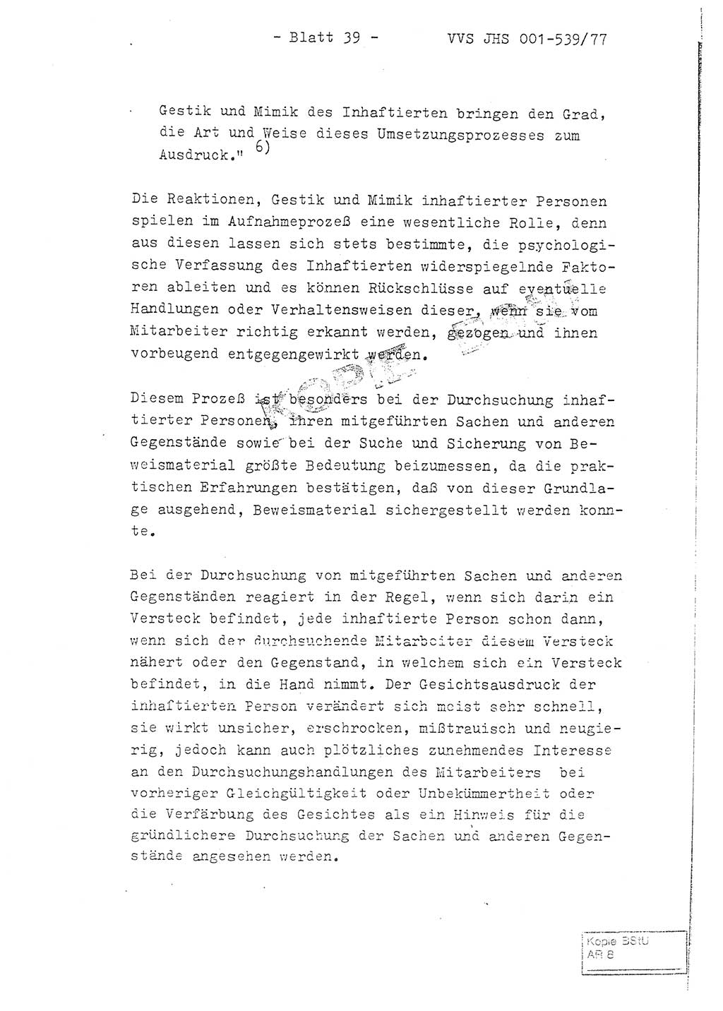 Fachschulabschlußarbeit Hauptmann Dietrich Jung (Abt. ⅩⅣ), Leutnant Klaus Klötzner (Abt. ⅩⅣ), Ministerium für Staatssicherheit (MfS) [Deutsche Demokratische Republik (DDR)], Juristische Hochschule (JHS), Vertrauliche Verschlußsache (VVS) 001-539/77, Potsdam 1978, Seite 39 (FS-Abschl.-Arb. MfS DDR JHS VVS 001-539/77 1978, S. 39)