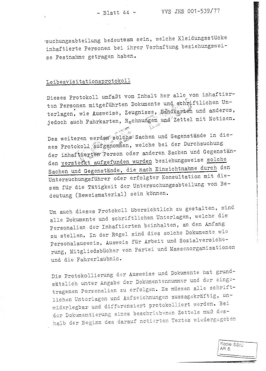 Fachschulabschlußarbeit Hauptmann Dietrich Jung (Abt. ⅩⅣ), Leutnant Klaus Klötzner (Abt. ⅩⅣ), Ministerium für Staatssicherheit (MfS) [Deutsche Demokratische Republik (DDR)], Juristische Hochschule (JHS), Vertrauliche Verschlußsache (VVS) 001-539/77, Potsdam 1978, Seite 44 (FS-Abschl.-Arb. MfS DDR JHS VVS 001-539/77 1978, S. 44)