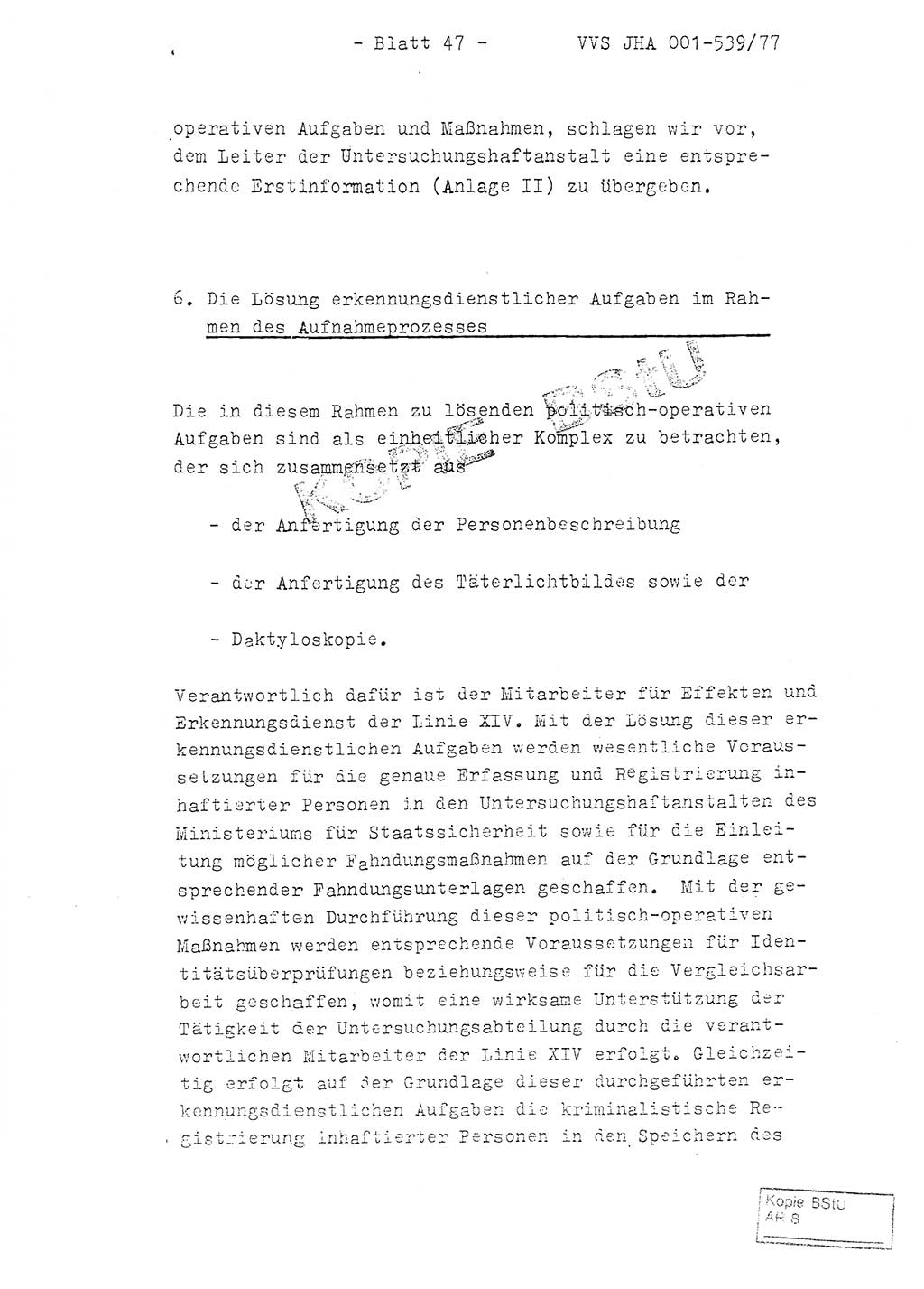 Fachschulabschlußarbeit Hauptmann Dietrich Jung (Abt. ⅩⅣ), Leutnant Klaus Klötzner (Abt. ⅩⅣ), Ministerium für Staatssicherheit (MfS) [Deutsche Demokratische Republik (DDR)], Juristische Hochschule (JHS), Vertrauliche Verschlußsache (VVS) 001-539/77, Potsdam 1978, Seite 47 (FS-Abschl.-Arb. MfS DDR JHS VVS 001-539/77 1978, S. 47)