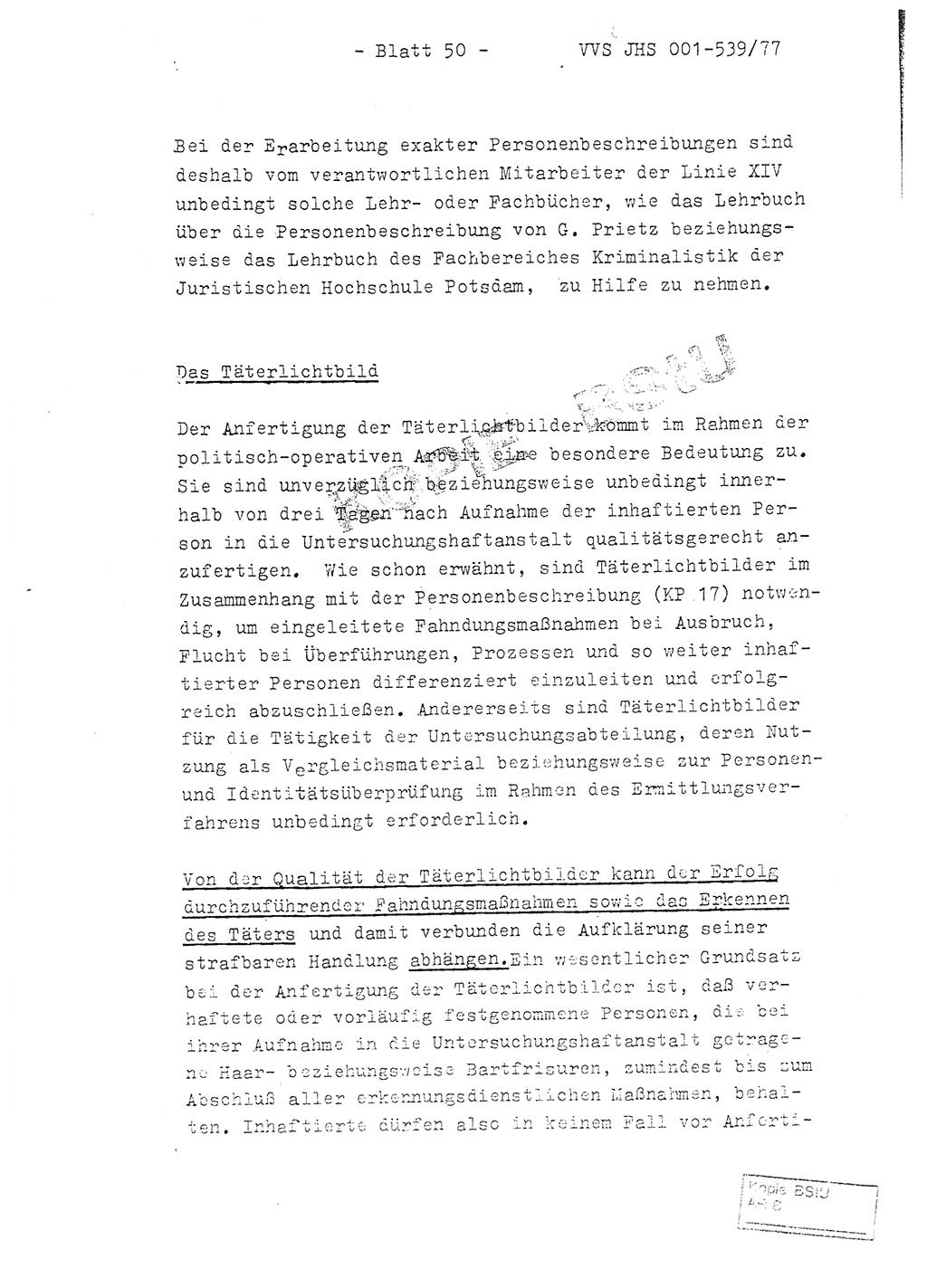 Fachschulabschlußarbeit Hauptmann Dietrich Jung (Abt. ⅩⅣ), Leutnant Klaus Klötzner (Abt. ⅩⅣ), Ministerium für Staatssicherheit (MfS) [Deutsche Demokratische Republik (DDR)], Juristische Hochschule (JHS), Vertrauliche Verschlußsache (VVS) 001-539/77, Potsdam 1978, Seite 50 (FS-Abschl.-Arb. MfS DDR JHS VVS 001-539/77 1978, S. 50)