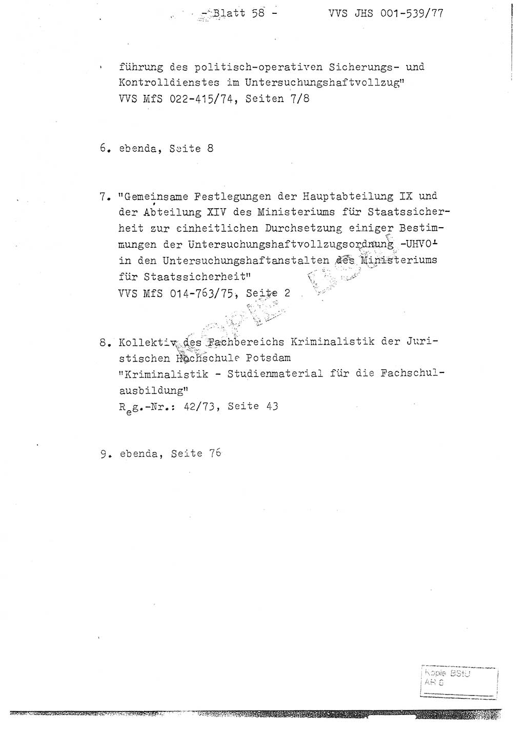 Fachschulabschlußarbeit Hauptmann Dietrich Jung (Abt. ⅩⅣ), Leutnant Klaus Klötzner (Abt. ⅩⅣ), Ministerium für Staatssicherheit (MfS) [Deutsche Demokratische Republik (DDR)], Juristische Hochschule (JHS), Vertrauliche Verschlußsache (VVS) 001-539/77, Potsdam 1978, Seite 58 (FS-Abschl.-Arb. MfS DDR JHS VVS 001-539/77 1978, S. 58)