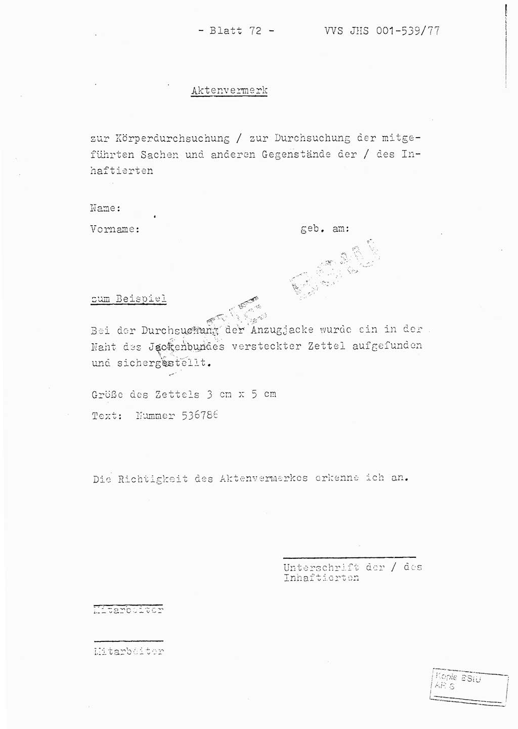 Fachschulabschlußarbeit Hauptmann Dietrich Jung (Abt. ⅩⅣ), Leutnant Klaus Klötzner (Abt. ⅩⅣ), Ministerium für Staatssicherheit (MfS) [Deutsche Demokratische Republik (DDR)], Juristische Hochschule (JHS), Vertrauliche Verschlußsache (VVS) 001-539/77, Potsdam 1978, Seite 72 (FS-Abschl.-Arb. MfS DDR JHS VVS 001-539/77 1978, S. 72)