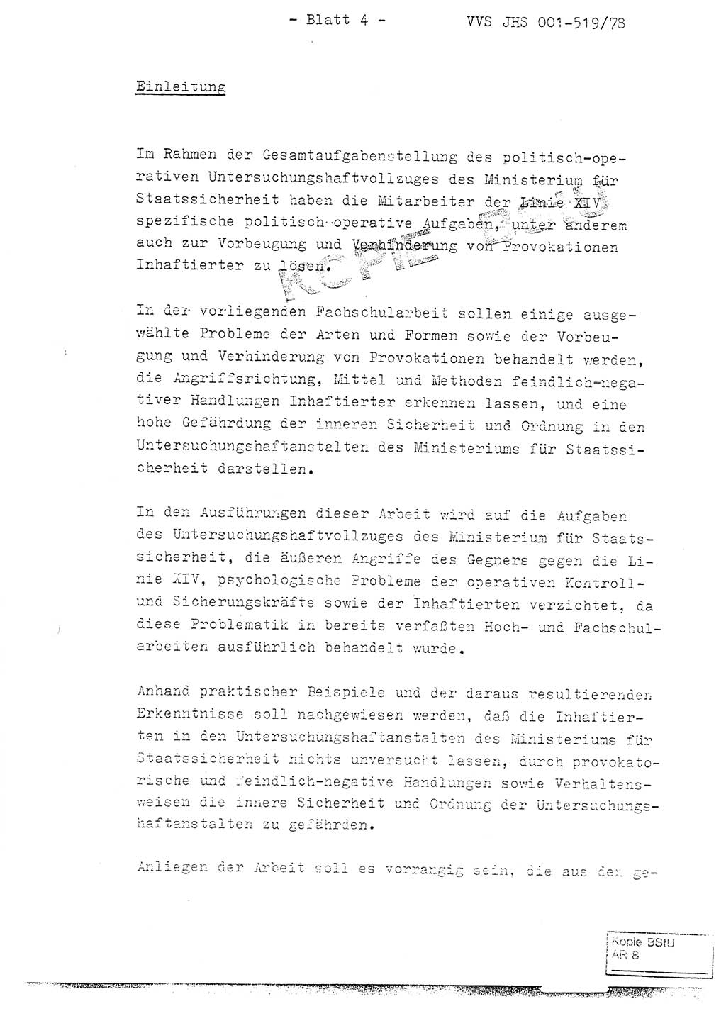 Fachschulabschlußarbeit Hauptmann Alfons Lützelberger (Abt. ⅩⅣ), Ministerium für Staatssicherheit (MfS) [Deutsche Demokratische Republik (DDR)], Juristische Hochschule (JHS), Vertrauliche Verschlußsache (VVS) 001-519/78, Potsdam 1978, Blatt 4 (FS-Abschl.-Arb. MfS DDR JHS VVS 001-519/78 1978, Bl. 4)