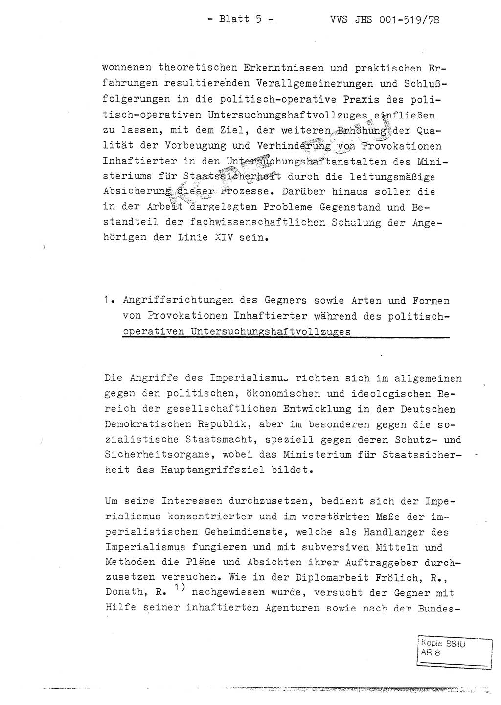 Fachschulabschlußarbeit Hauptmann Alfons Lützelberger (Abt. ⅩⅣ), Ministerium für Staatssicherheit (MfS) [Deutsche Demokratische Republik (DDR)], Juristische Hochschule (JHS), Vertrauliche Verschlußsache (VVS) 001-519/78, Potsdam 1978, Blatt 5 (FS-Abschl.-Arb. MfS DDR JHS VVS 001-519/78 1978, Bl. 5)