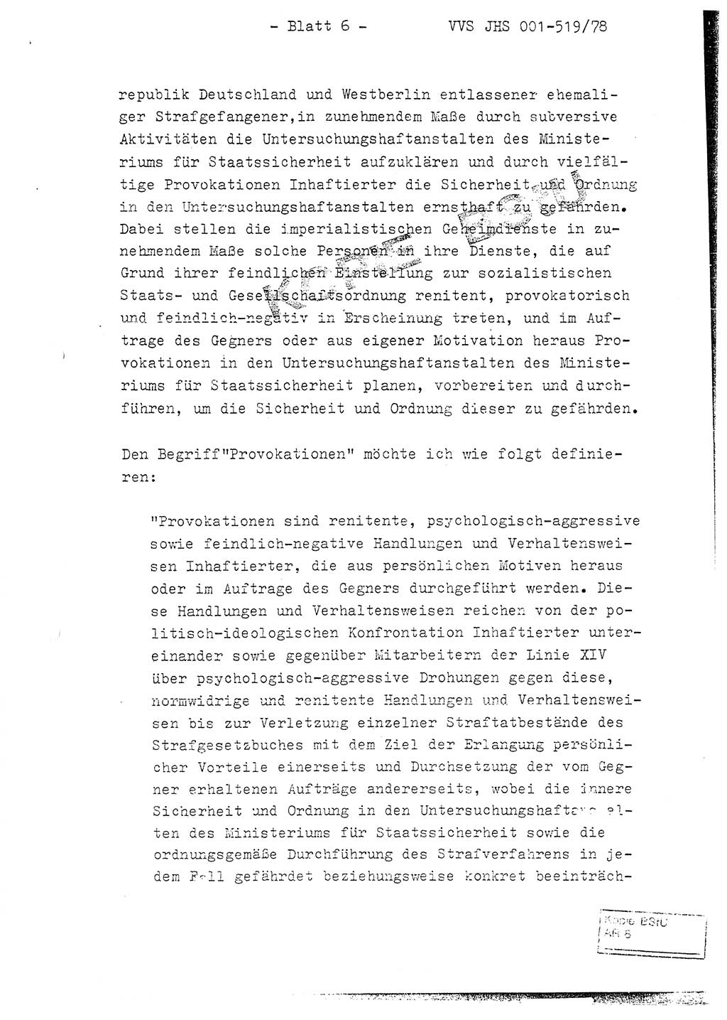 Fachschulabschlußarbeit Hauptmann Alfons Lützelberger (Abt. ⅩⅣ), Ministerium für Staatssicherheit (MfS) [Deutsche Demokratische Republik (DDR)], Juristische Hochschule (JHS), Vertrauliche Verschlußsache (VVS) 001-519/78, Potsdam 1978, Blatt 6 (FS-Abschl.-Arb. MfS DDR JHS VVS 001-519/78 1978, Bl. 6)
