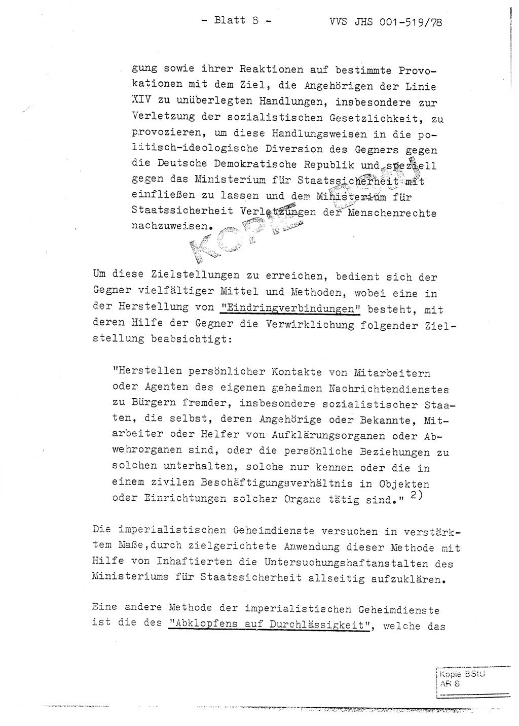 Fachschulabschlußarbeit Hauptmann Alfons Lützelberger (Abt. ⅩⅣ), Ministerium für Staatssicherheit (MfS) [Deutsche Demokratische Republik (DDR)], Juristische Hochschule (JHS), Vertrauliche Verschlußsache (VVS) 001-519/78, Potsdam 1978, Blatt 8 (FS-Abschl.-Arb. MfS DDR JHS VVS 001-519/78 1978, Bl. 8)
