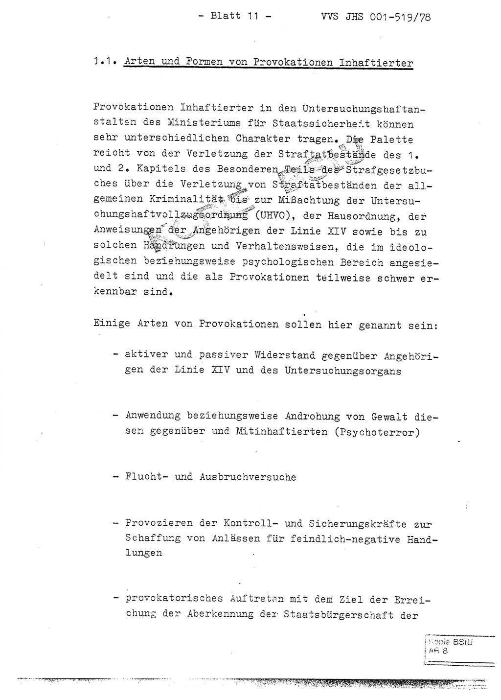 Fachschulabschlußarbeit Hauptmann Alfons Lützelberger (Abt. ⅩⅣ), Ministerium für Staatssicherheit (MfS) [Deutsche Demokratische Republik (DDR)], Juristische Hochschule (JHS), Vertrauliche Verschlußsache (VVS) 001-519/78, Potsdam 1978, Blatt 11 (FS-Abschl.-Arb. MfS DDR JHS VVS 001-519/78 1978, Bl. 11)