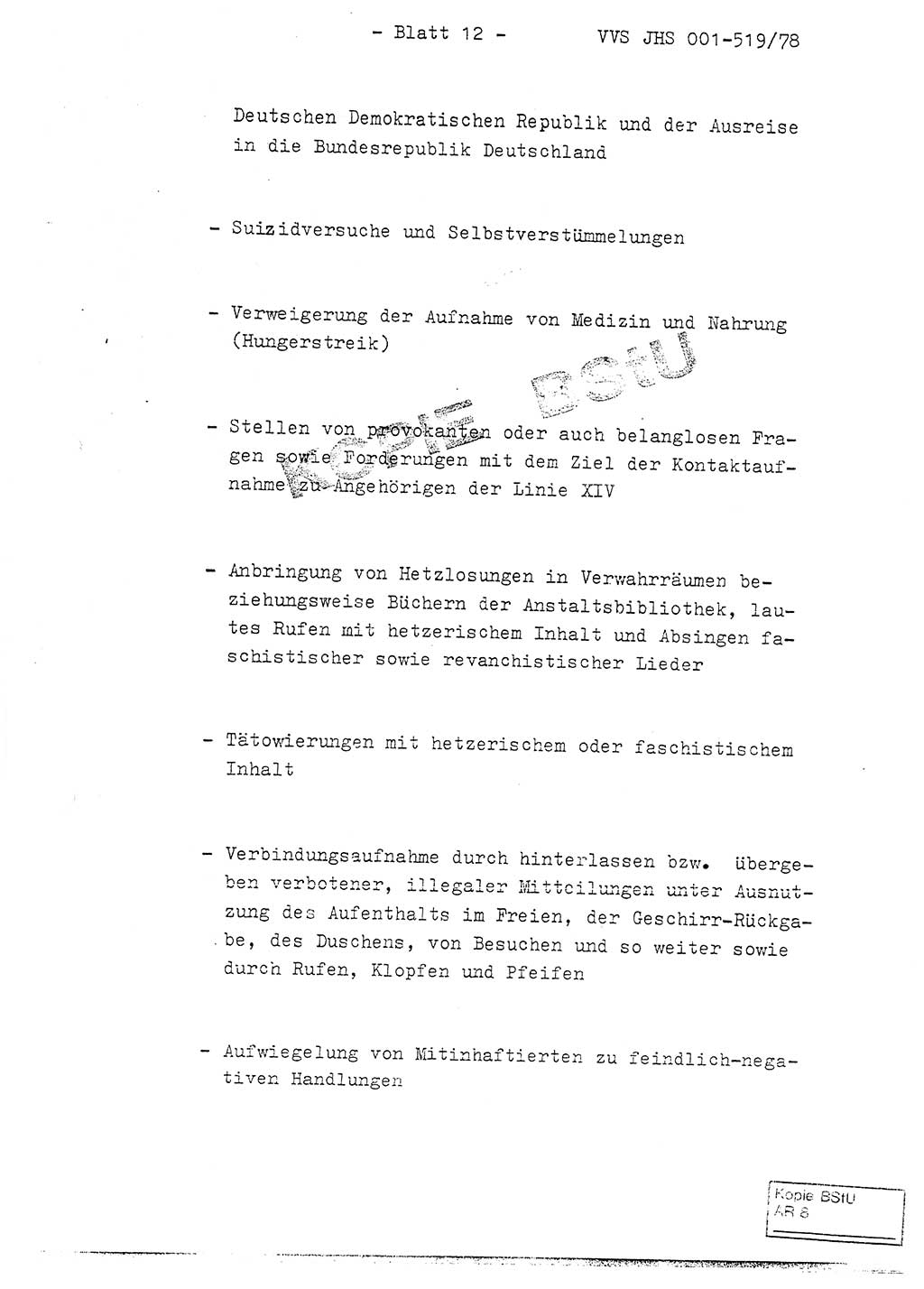Fachschulabschlußarbeit Hauptmann Alfons Lützelberger (Abt. ⅩⅣ), Ministerium für Staatssicherheit (MfS) [Deutsche Demokratische Republik (DDR)], Juristische Hochschule (JHS), Vertrauliche Verschlußsache (VVS) 001-519/78, Potsdam 1978, Blatt 12 (FS-Abschl.-Arb. MfS DDR JHS VVS 001-519/78 1978, Bl. 12)