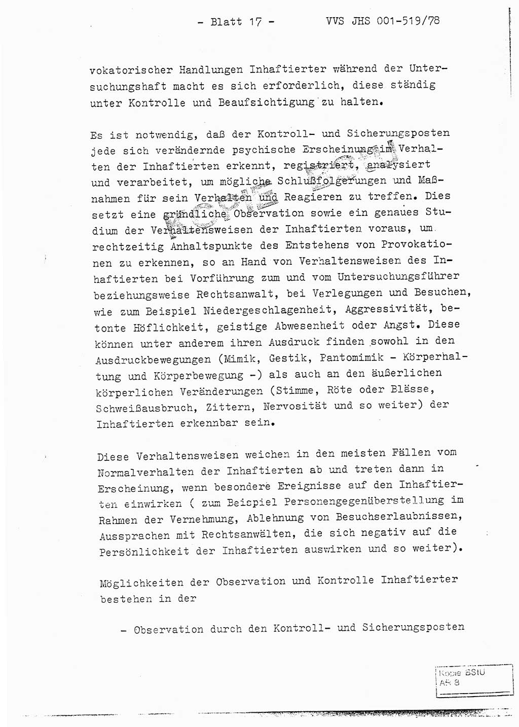 Fachschulabschlußarbeit Hauptmann Alfons Lützelberger (Abt. ⅩⅣ), Ministerium für Staatssicherheit (MfS) [Deutsche Demokratische Republik (DDR)], Juristische Hochschule (JHS), Vertrauliche Verschlußsache (VVS) 001-519/78, Potsdam 1978, Blatt 17 (FS-Abschl.-Arb. MfS DDR JHS VVS 001-519/78 1978, Bl. 17)