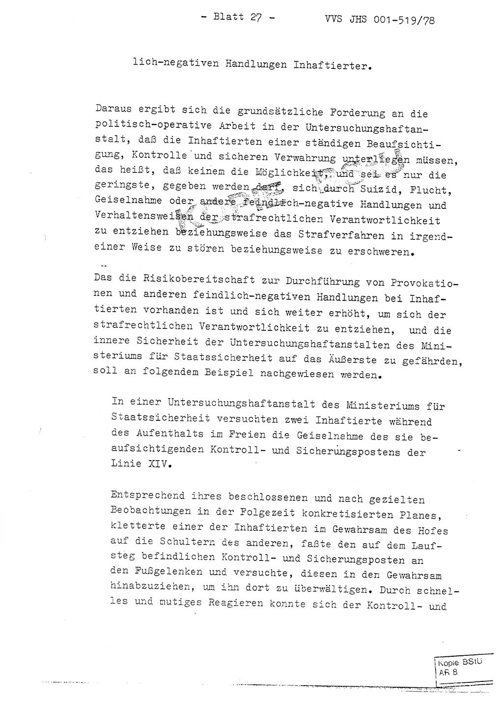 Fachschulabschlußarbeit Hauptmann Alfons Lützelberger (Abt. ⅩⅣ), Ministerium für Staatssicherheit (MfS) [Deutsche Demokratische Republik (DDR)], Juristische Hochschule (JHS), Vertrauliche Verschlußsache (VVS) 001-519/78, Potsdam 1978, Blatt 27 (FS-Abschl.-Arb. MfS DDR JHS VVS 001-519/78 1978, Bl. 27)