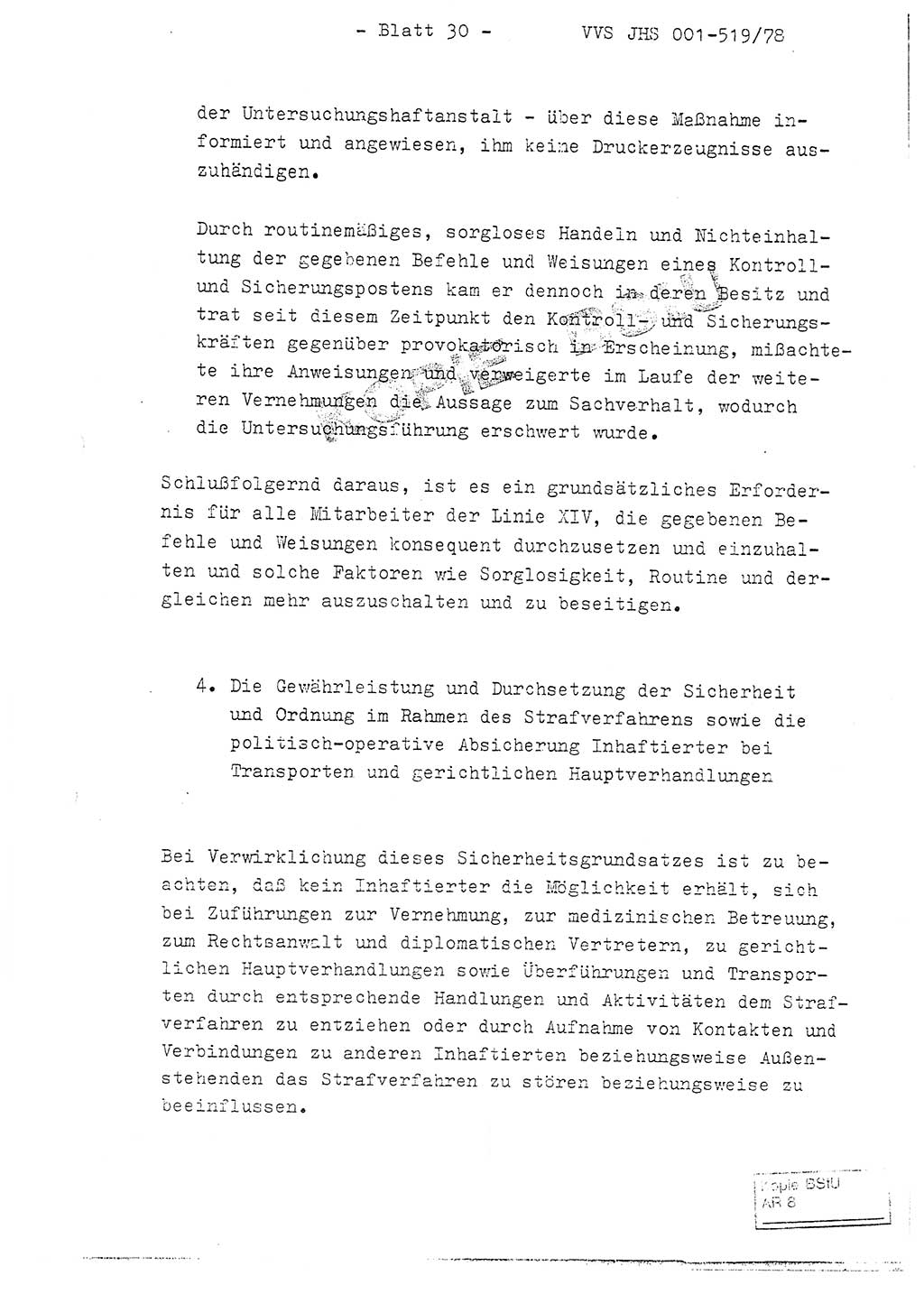 Fachschulabschlußarbeit Hauptmann Alfons Lützelberger (Abt. ⅩⅣ), Ministerium für Staatssicherheit (MfS) [Deutsche Demokratische Republik (DDR)], Juristische Hochschule (JHS), Vertrauliche Verschlußsache (VVS) 001-519/78, Potsdam 1978, Blatt 30 (FS-Abschl.-Arb. MfS DDR JHS VVS 001-519/78 1978, Bl. 30)
