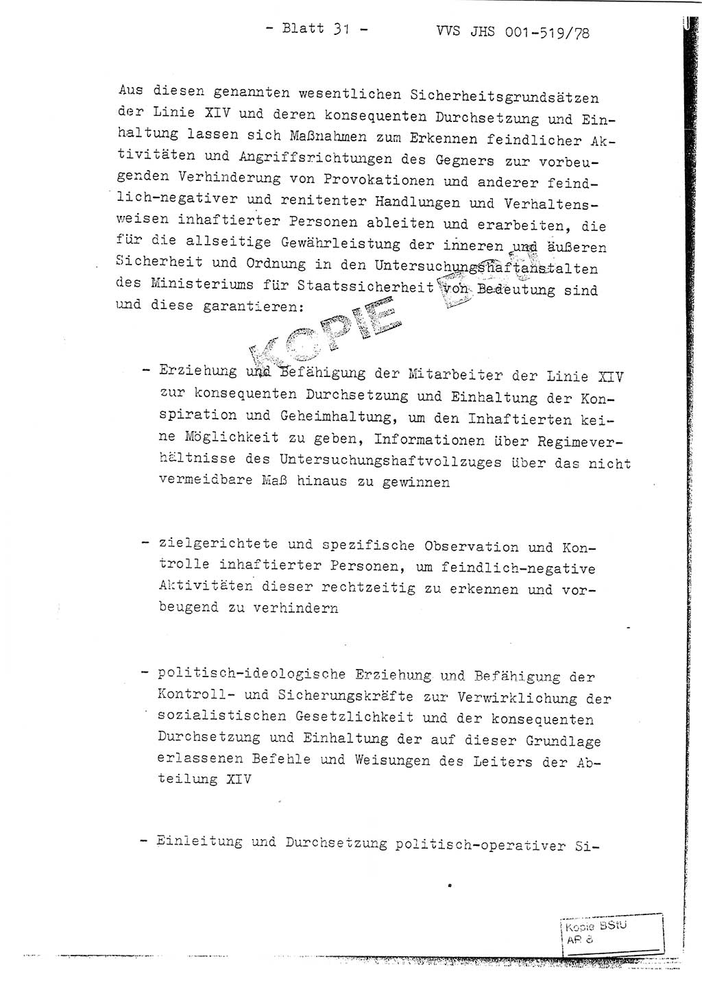 Fachschulabschlußarbeit Hauptmann Alfons Lützelberger (Abt. ⅩⅣ), Ministerium für Staatssicherheit (MfS) [Deutsche Demokratische Republik (DDR)], Juristische Hochschule (JHS), Vertrauliche Verschlußsache (VVS) 001-519/78, Potsdam 1978, Blatt 31 (FS-Abschl.-Arb. MfS DDR JHS VVS 001-519/78 1978, Bl. 31)