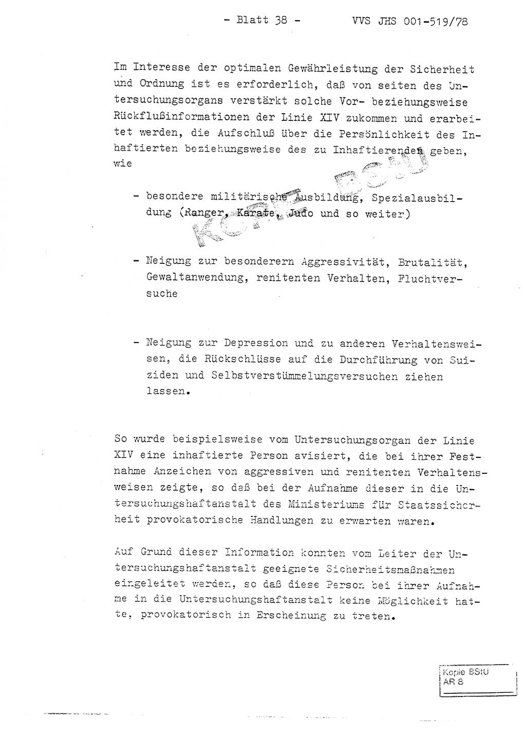 Fachschulabschlußarbeit Hauptmann Alfons Lützelberger (Abt. ⅩⅣ), Ministerium für Staatssicherheit (MfS) [Deutsche Demokratische Republik (DDR)], Juristische Hochschule (JHS), Vertrauliche Verschlußsache (VVS) 001-519/78, Potsdam 1978, Blatt 38 (FS-Abschl.-Arb. MfS DDR JHS VVS 001-519/78 1978, Bl. 38)