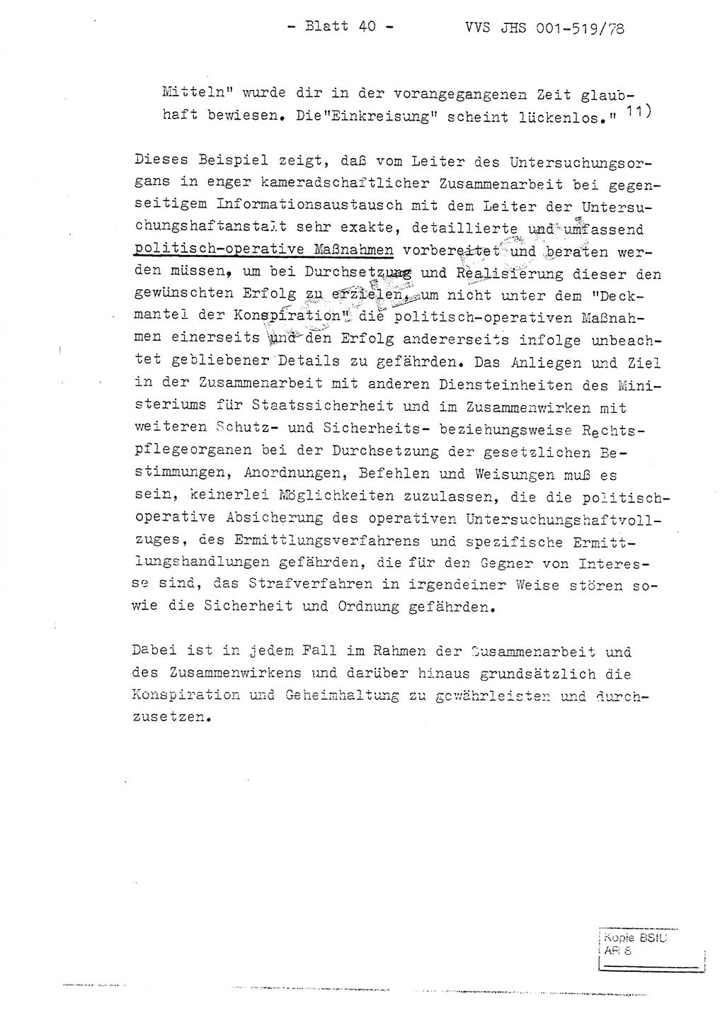 Fachschulabschlußarbeit Hauptmann Alfons Lützelberger (Abt. ⅩⅣ), Ministerium für Staatssicherheit (MfS) [Deutsche Demokratische Republik (DDR)], Juristische Hochschule (JHS), Vertrauliche Verschlußsache (VVS) 001-519/78, Potsdam 1978, Blatt 40 (FS-Abschl.-Arb. MfS DDR JHS VVS 001-519/78 1978, Bl. 40)