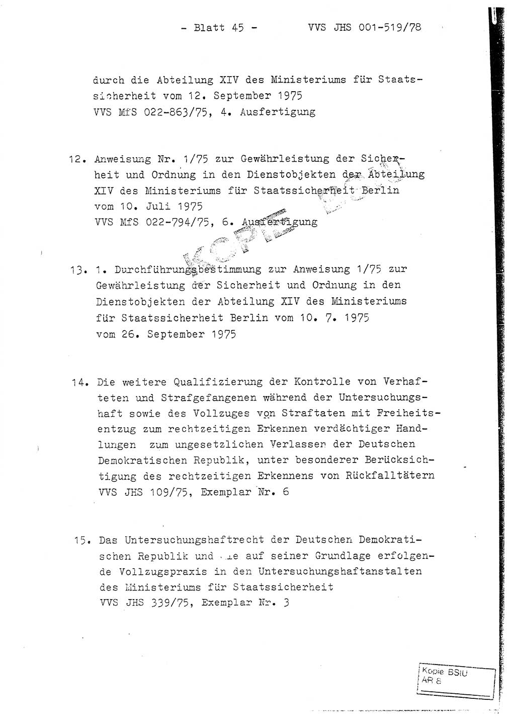 Fachschulabschlußarbeit Hauptmann Alfons Lützelberger (Abt. ⅩⅣ), Ministerium für Staatssicherheit (MfS) [Deutsche Demokratische Republik (DDR)], Juristische Hochschule (JHS), Vertrauliche Verschlußsache (VVS) 001-519/78, Potsdam 1978, Blatt 45 (FS-Abschl.-Arb. MfS DDR JHS VVS 001-519/78 1978, Bl. 45)