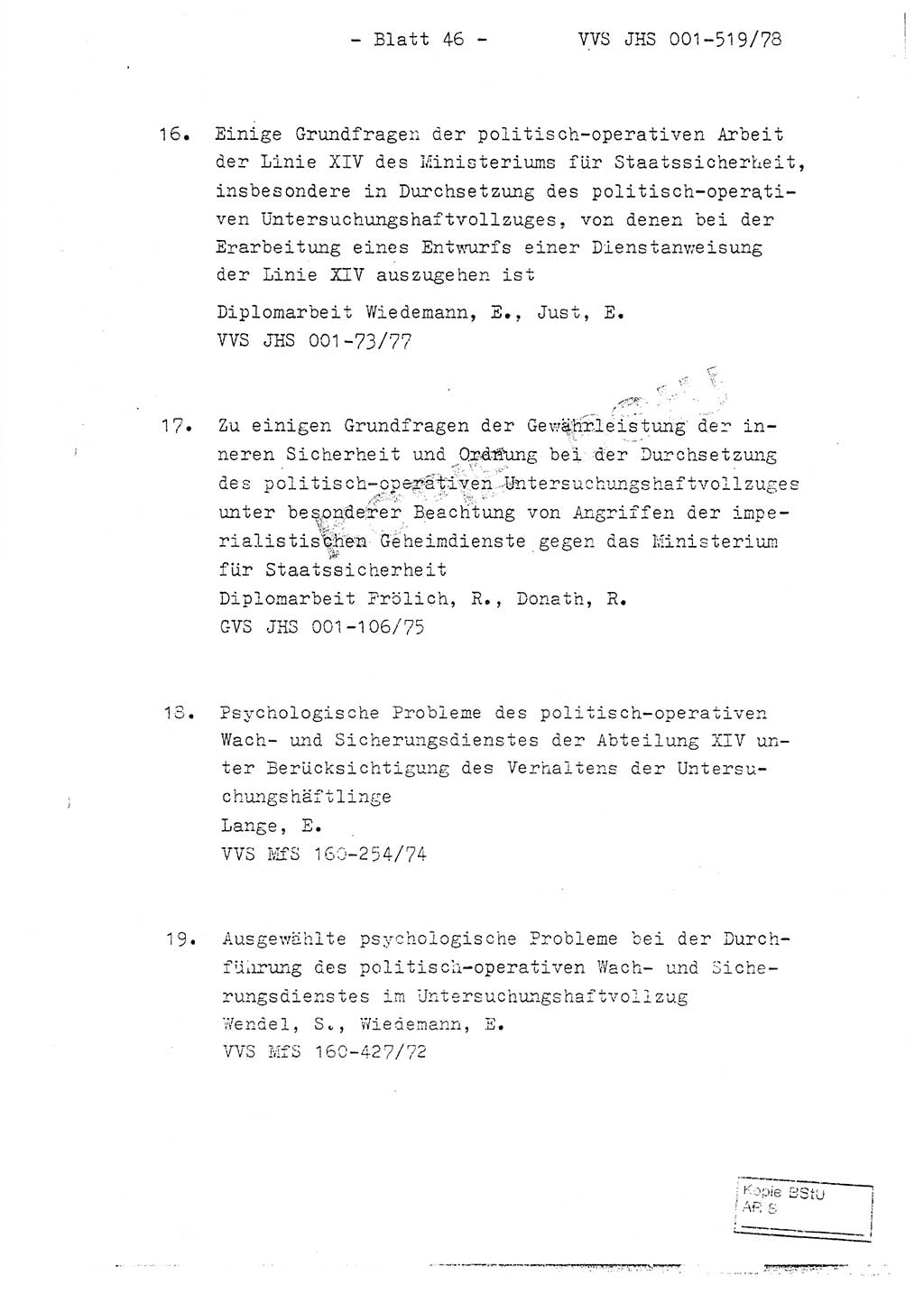 Fachschulabschlußarbeit Hauptmann Alfons Lützelberger (Abt. ⅩⅣ), Ministerium für Staatssicherheit (MfS) [Deutsche Demokratische Republik (DDR)], Juristische Hochschule (JHS), Vertrauliche Verschlußsache (VVS) 001-519/78, Potsdam 1978, Blatt 46 (FS-Abschl.-Arb. MfS DDR JHS VVS 001-519/78 1978, Bl. 46)