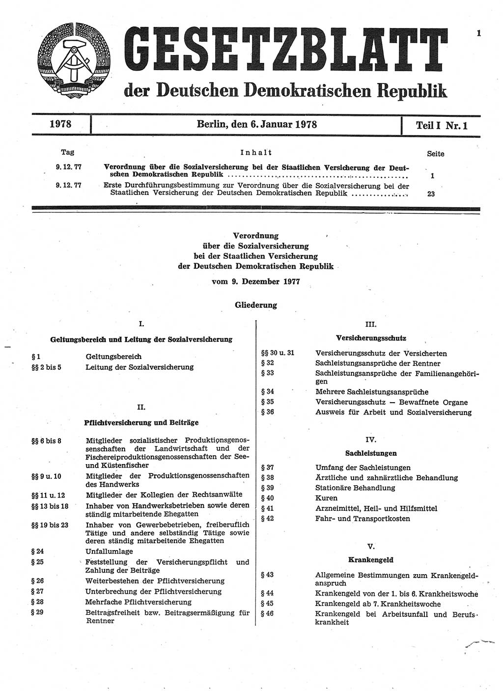 Gesetzblatt (GBl.) der Deutschen Demokratischen Republik (DDR) Teil Ⅰ 1978, Seite 1 (GBl. DDR Ⅰ 1978, S. 1)