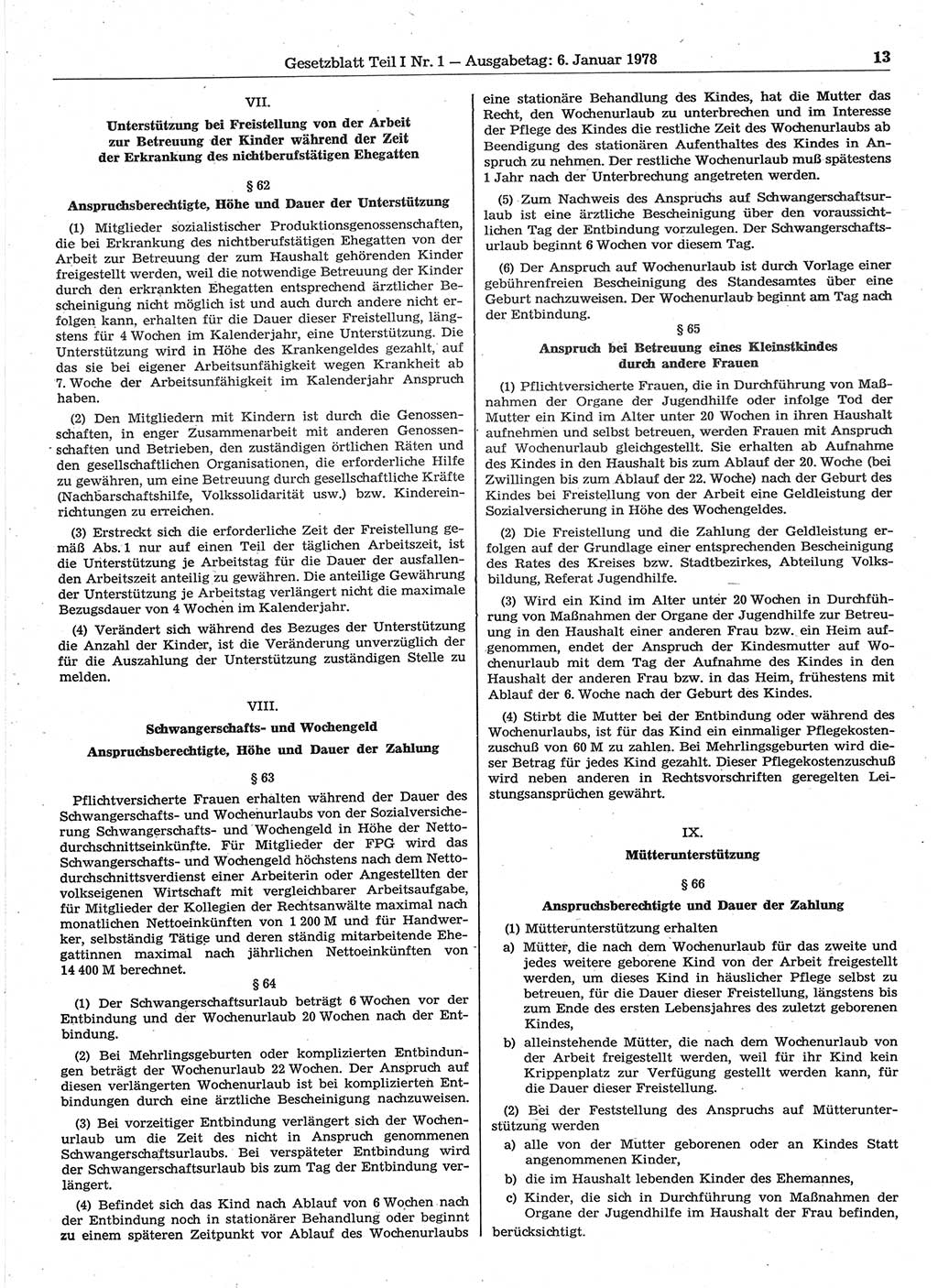 Gesetzblatt (GBl.) der Deutschen Demokratischen Republik (DDR) Teil Ⅰ 1978, Seite 13 (GBl. DDR Ⅰ 1978, S. 13)