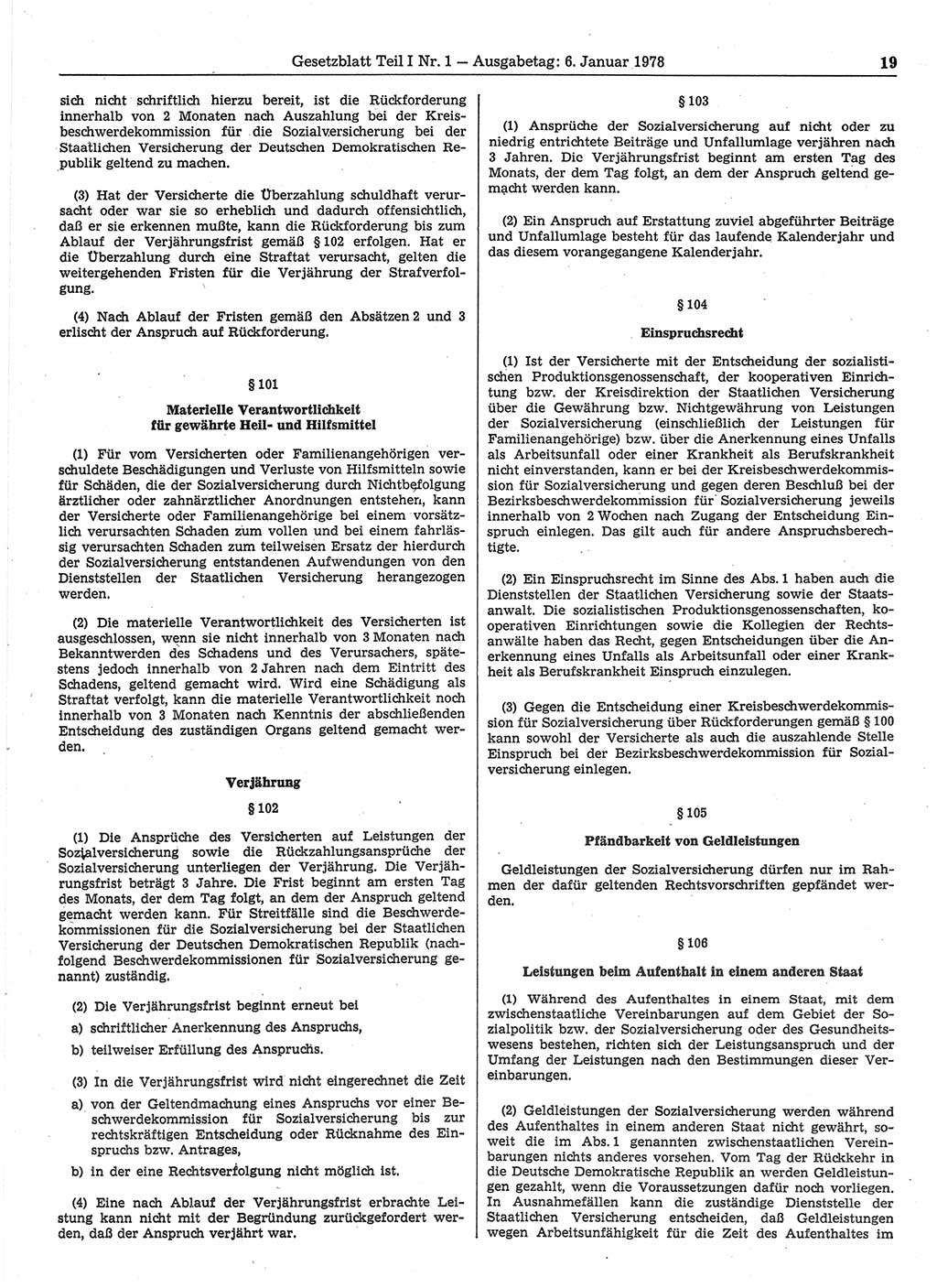 Gesetzblatt (GBl.) der Deutschen Demokratischen Republik (DDR) Teil Ⅰ 1978, Seite 19 (GBl. DDR Ⅰ 1978, S. 19)