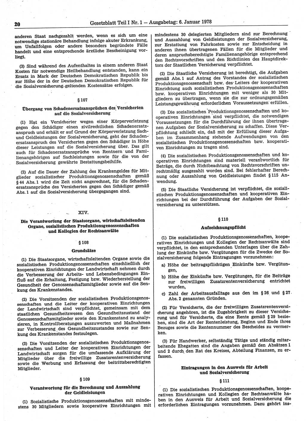 Gesetzblatt (GBl.) der Deutschen Demokratischen Republik (DDR) Teil Ⅰ 1978, Seite 20 (GBl. DDR Ⅰ 1978, S. 20)