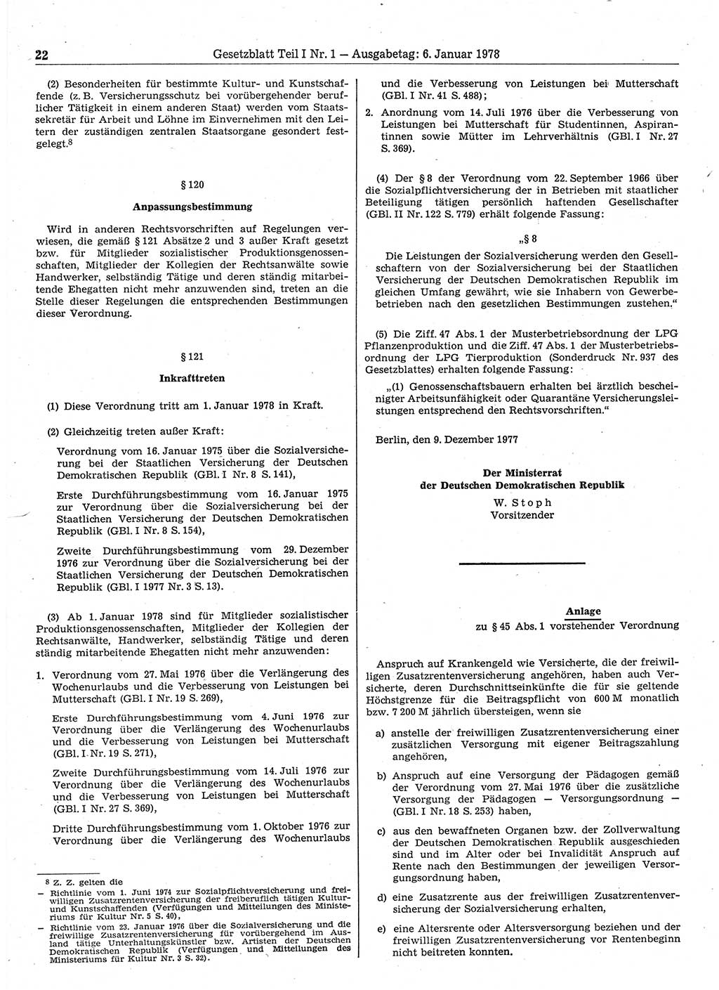 Gesetzblatt (GBl.) der Deutschen Demokratischen Republik (DDR) Teil Ⅰ 1978, Seite 22 (GBl. DDR Ⅰ 1978, S. 22)