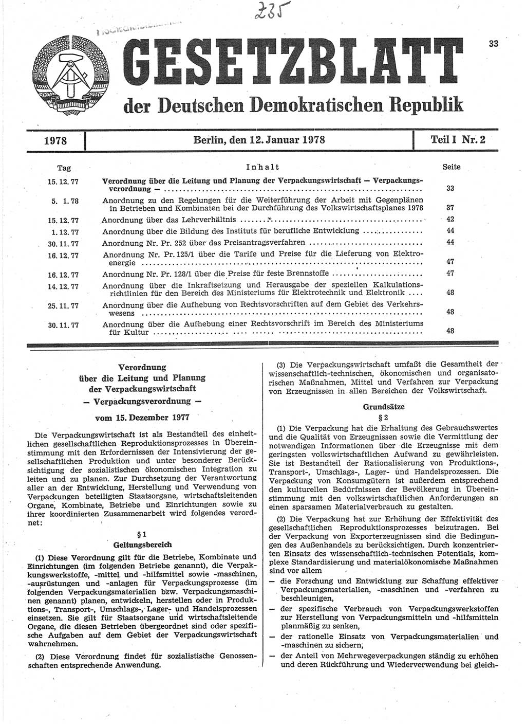 Gesetzblatt (GBl.) der Deutschen Demokratischen Republik (DDR) Teil Ⅰ 1978, Seite 33 (GBl. DDR Ⅰ 1978, S. 33)