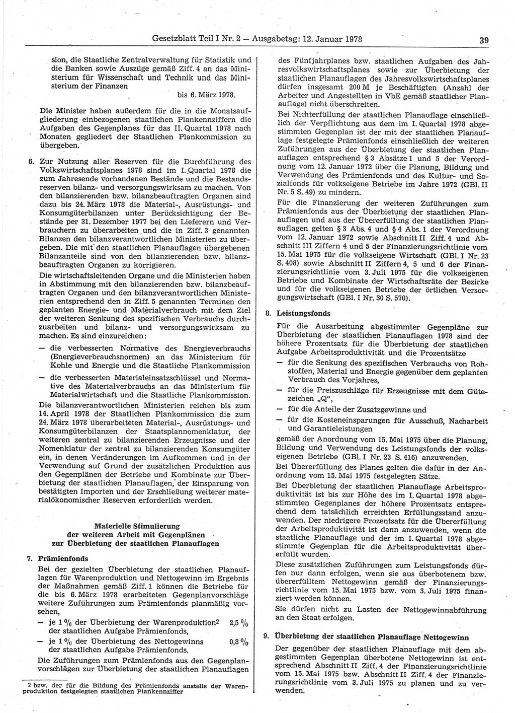 Gesetzblatt (GBl.) der Deutschen Demokratischen Republik (DDR) Teil Ⅰ 1978, Seite 39 (GBl. DDR Ⅰ 1978, S. 39)