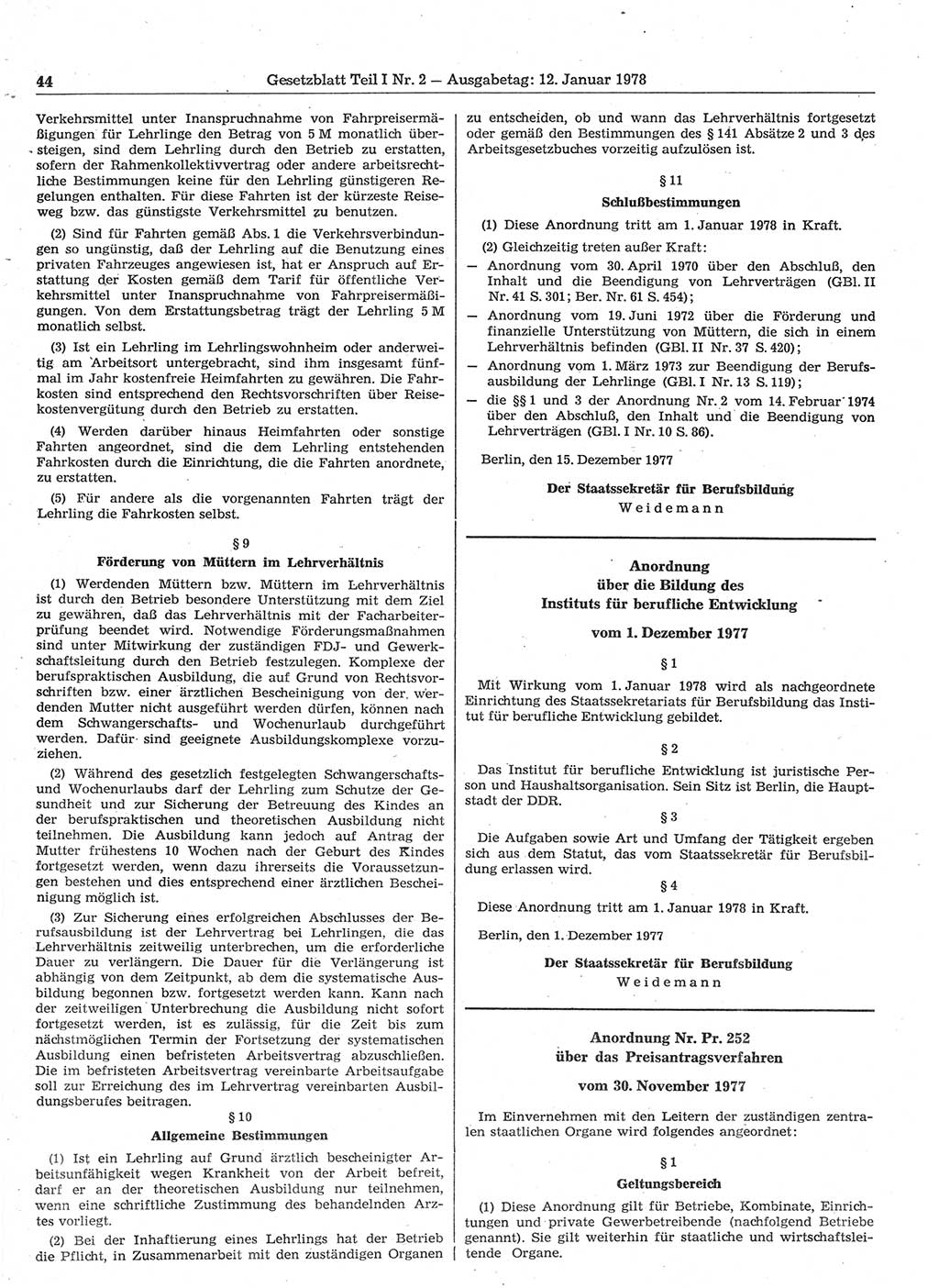 Gesetzblatt (GBl.) der Deutschen Demokratischen Republik (DDR) Teil Ⅰ 1978, Seite 44 (GBl. DDR Ⅰ 1978, S. 44)