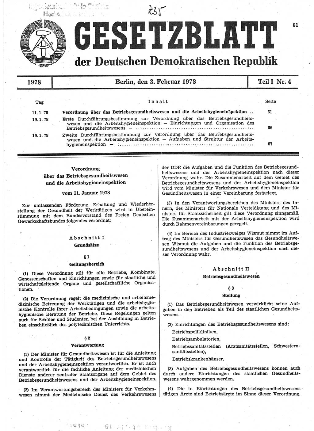 Gesetzblatt (GBl.) der Deutschen Demokratischen Republik (DDR) Teil Ⅰ 1978, Seite 61 (GBl. DDR Ⅰ 1978, S. 61)