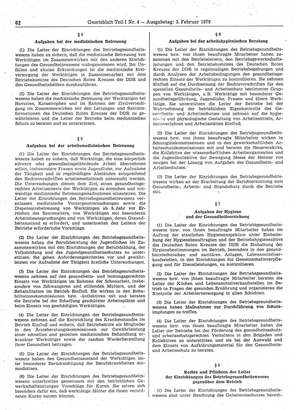 Gesetzblatt (GBl.) der Deutschen Demokratischen Republik (DDR) Teil Ⅰ 1978, Seite 62 (GBl. DDR Ⅰ 1978, S. 62)