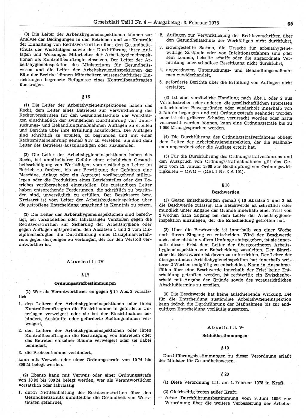 Gesetzblatt (GBl.) der Deutschen Demokratischen Republik (DDR) Teil Ⅰ 1978, Seite 65 (GBl. DDR Ⅰ 1978, S. 65)