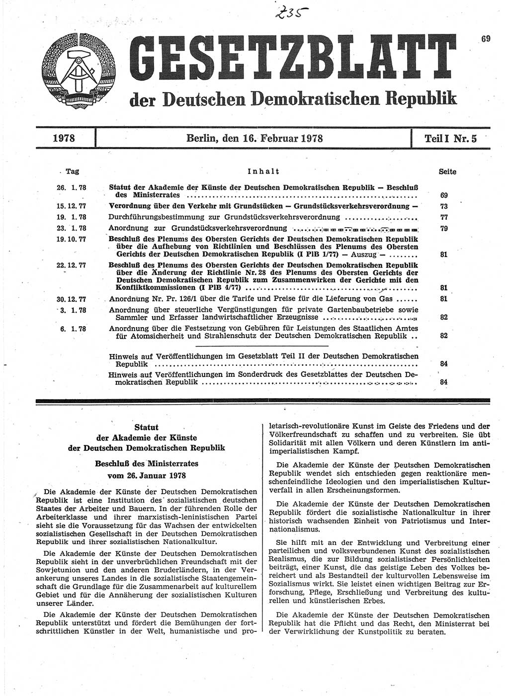 Gesetzblatt (GBl.) der Deutschen Demokratischen Republik (DDR) Teil Ⅰ 1978, Seite 69 (GBl. DDR Ⅰ 1978, S. 69)