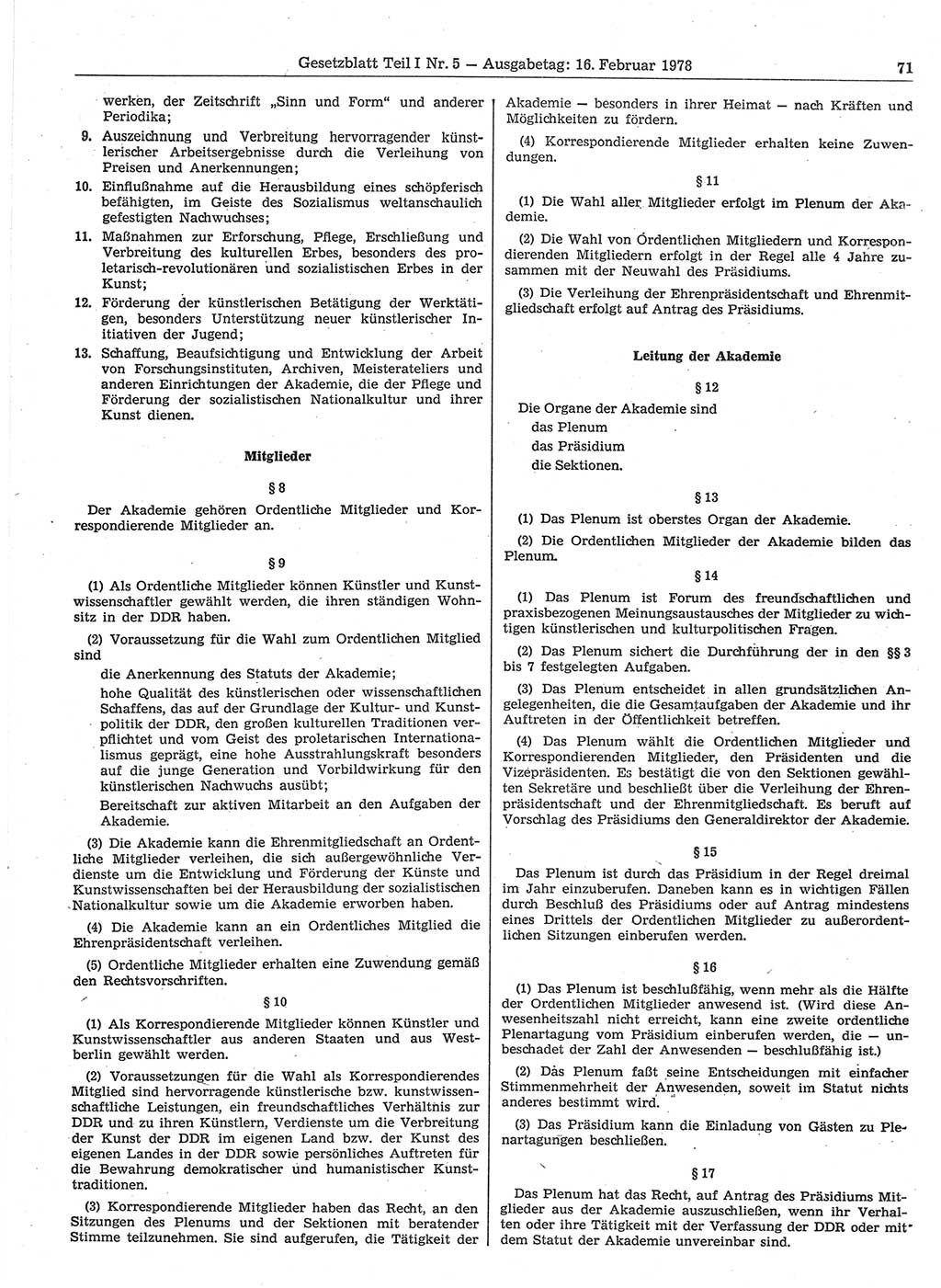 Gesetzblatt (GBl.) der Deutschen Demokratischen Republik (DDR) Teil Ⅰ 1978, Seite 71 (GBl. DDR Ⅰ 1978, S. 71)
