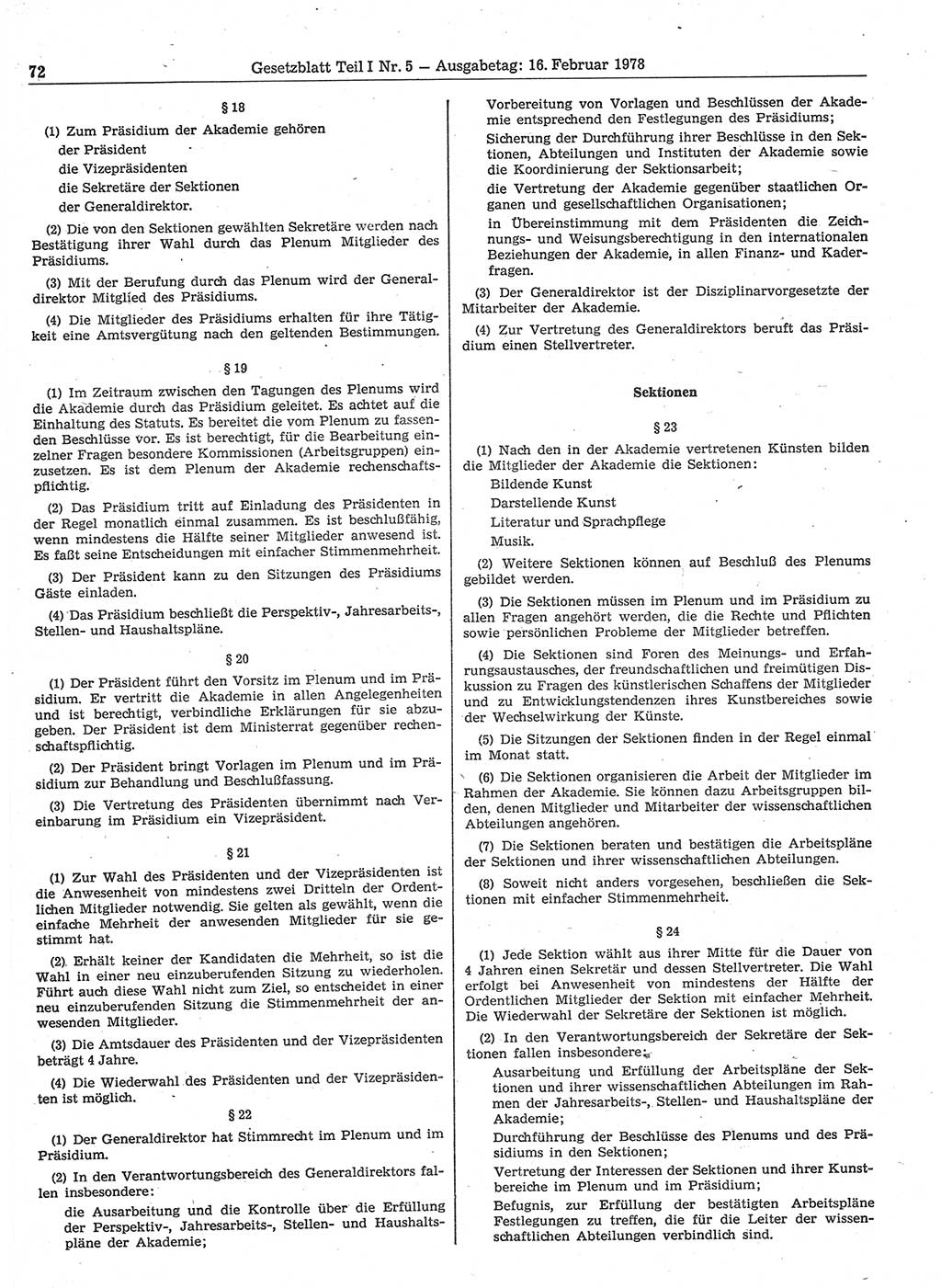Gesetzblatt (GBl.) der Deutschen Demokratischen Republik (DDR) Teil Ⅰ 1978, Seite 72 (GBl. DDR Ⅰ 1978, S. 72)