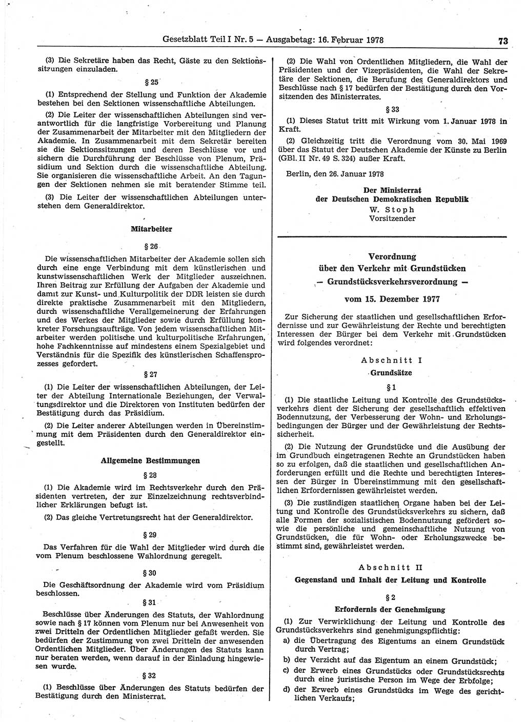 Gesetzblatt (GBl.) der Deutschen Demokratischen Republik (DDR) Teil Ⅰ 1978, Seite 73 (GBl. DDR Ⅰ 1978, S. 73)