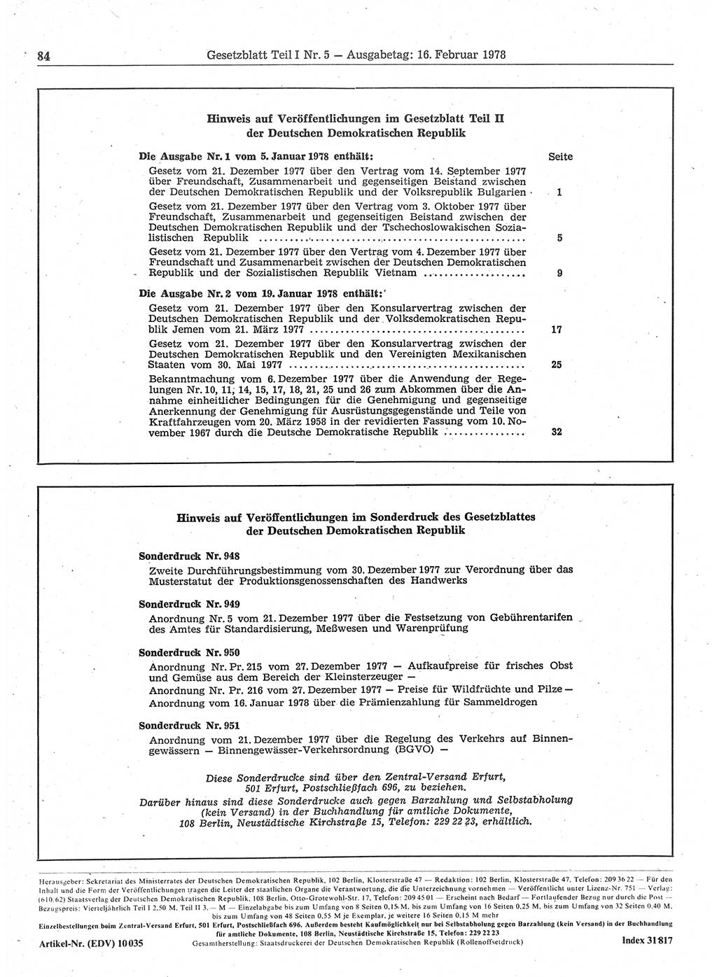 Gesetzblatt (GBl.) der Deutschen Demokratischen Republik (DDR) Teil Ⅰ 1978, Seite 84 (GBl. DDR Ⅰ 1978, S. 84)