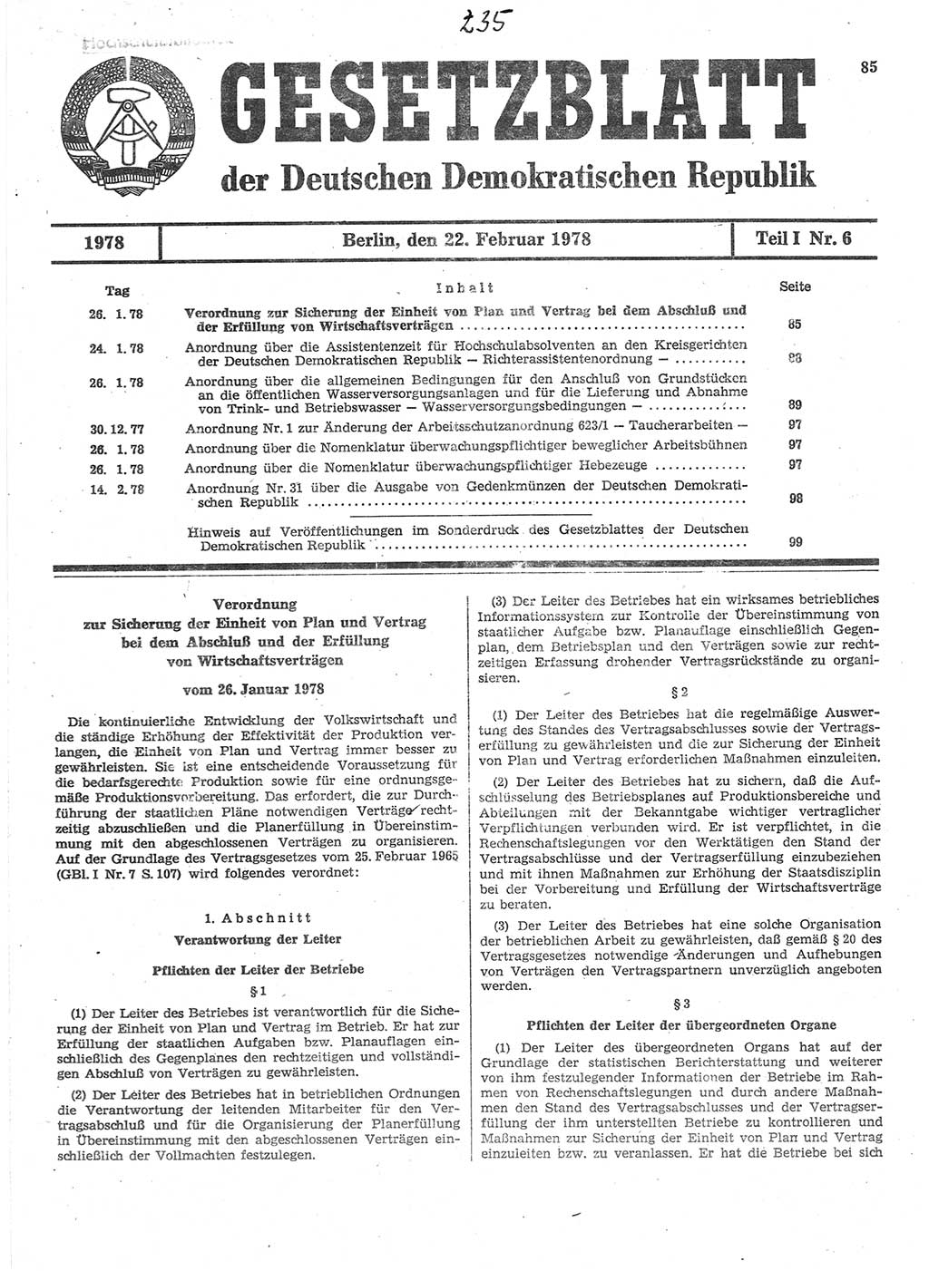 Gesetzblatt (GBl.) der Deutschen Demokratischen Republik (DDR) Teil Ⅰ 1978, Seite 85 (GBl. DDR Ⅰ 1978, S. 85)