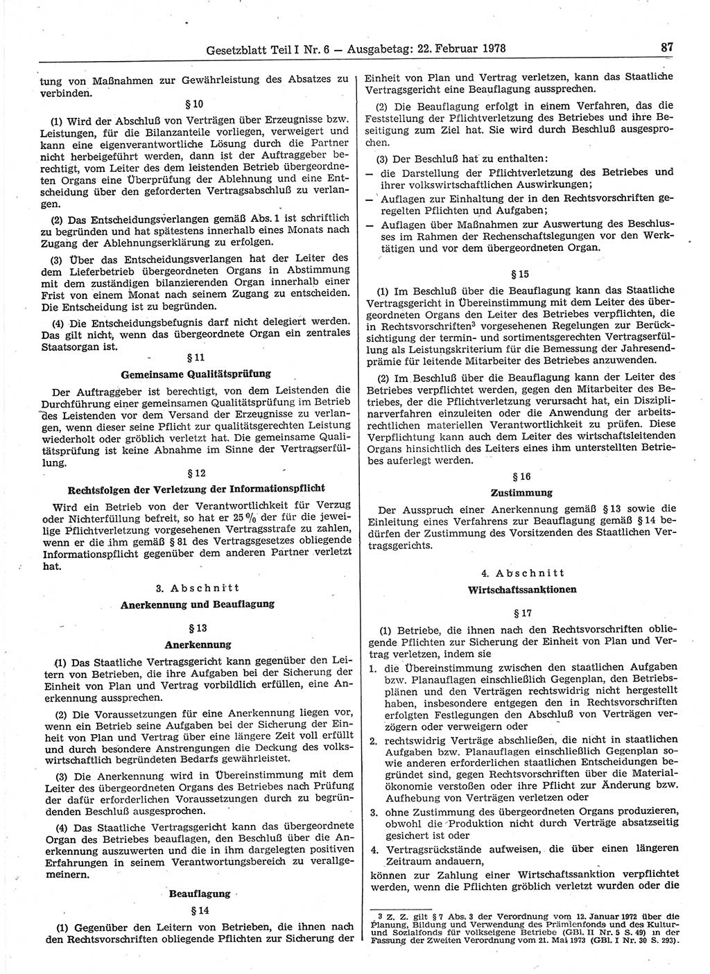 Gesetzblatt (GBl.) der Deutschen Demokratischen Republik (DDR) Teil Ⅰ 1978, Seite 87 (GBl. DDR Ⅰ 1978, S. 87)