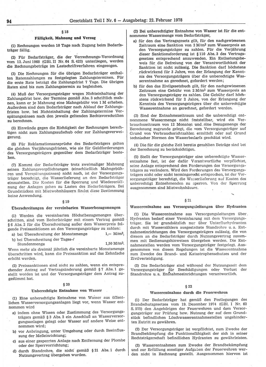 Gesetzblatt (GBl.) der Deutschen Demokratischen Republik (DDR) Teil Ⅰ 1978, Seite 94 (GBl. DDR Ⅰ 1978, S. 94)