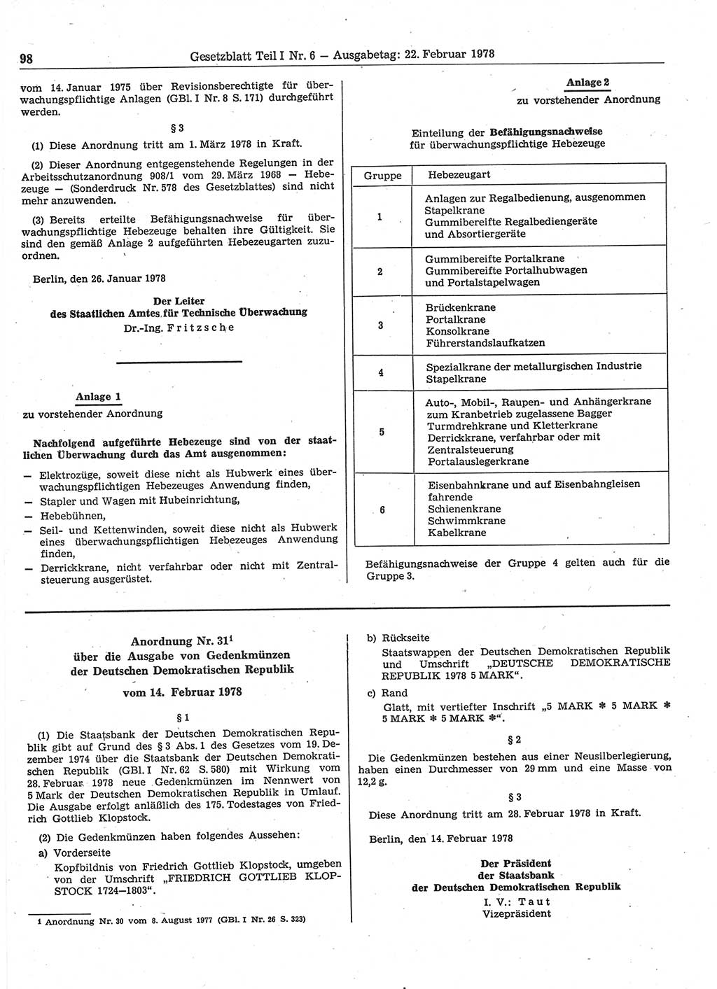 Gesetzblatt (GBl.) der Deutschen Demokratischen Republik (DDR) Teil Ⅰ 1978, Seite 98 (GBl. DDR Ⅰ 1978, S. 98)