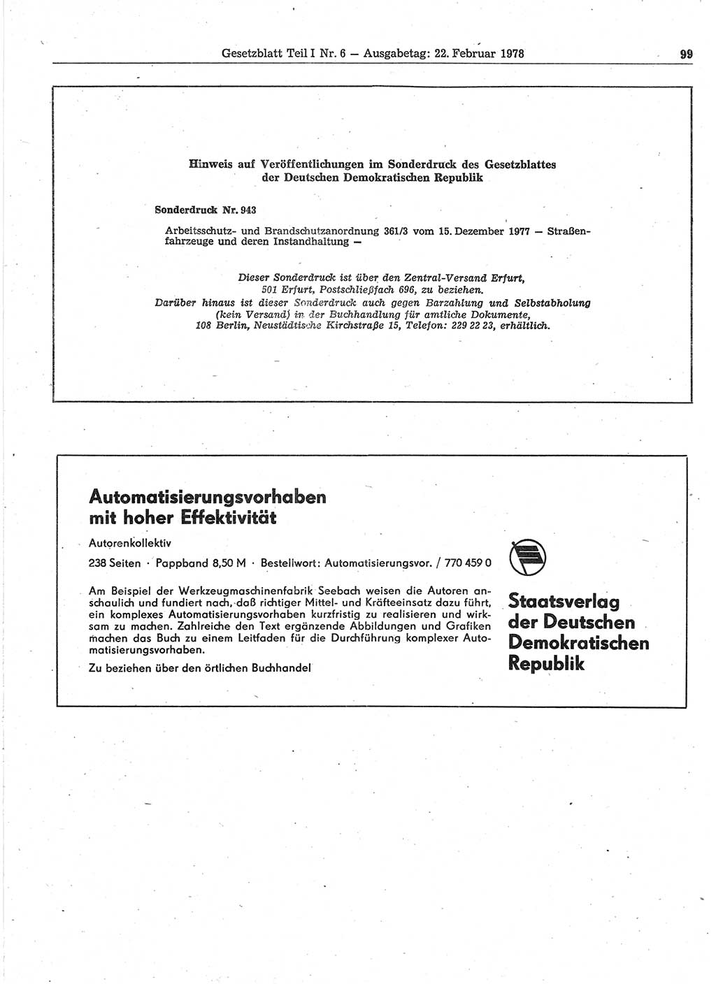 Gesetzblatt (GBl.) der Deutschen Demokratischen Republik (DDR) Teil Ⅰ 1978, Seite 99 (GBl. DDR Ⅰ 1978, S. 99)