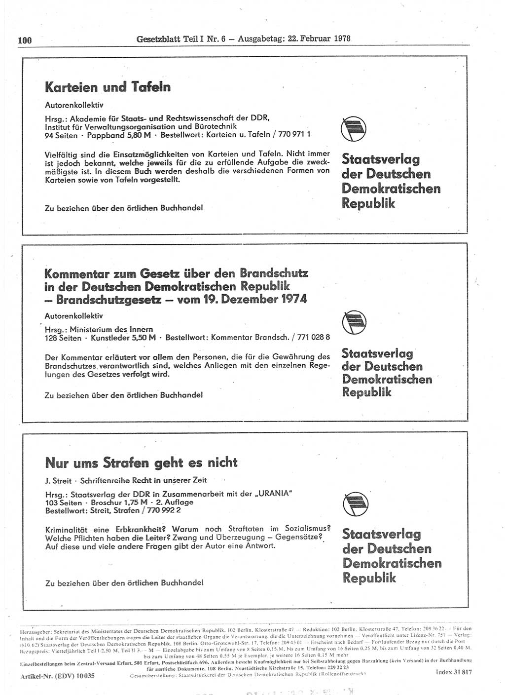 Gesetzblatt (GBl.) der Deutschen Demokratischen Republik (DDR) Teil Ⅰ 1978, Seite 100 (GBl. DDR Ⅰ 1978, S. 100)