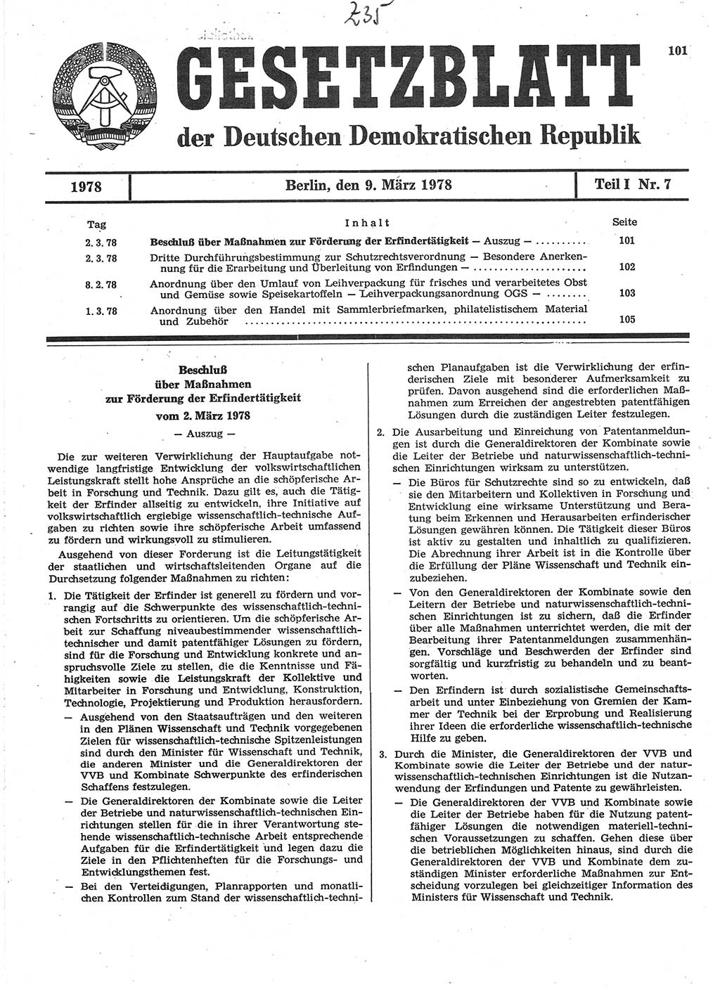Gesetzblatt (GBl.) der Deutschen Demokratischen Republik (DDR) Teil Ⅰ 1978, Seite 101 (GBl. DDR Ⅰ 1978, S. 101)