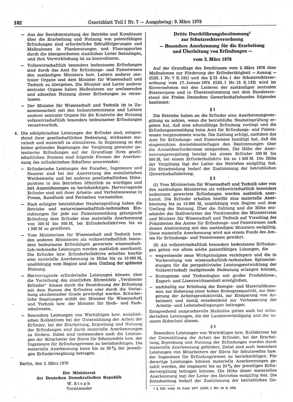 Gesetzblatt (GBl.) der Deutschen Demokratischen Republik (DDR) Teil Ⅰ 1978, Seite 102 (GBl. DDR Ⅰ 1978, S. 102)