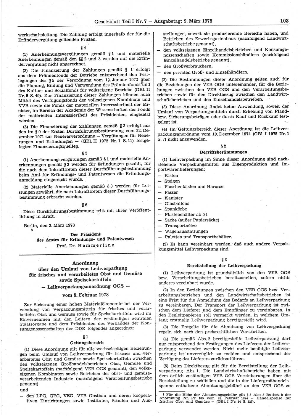 Gesetzblatt (GBl.) der Deutschen Demokratischen Republik (DDR) Teil Ⅰ 1978, Seite 103 (GBl. DDR Ⅰ 1978, S. 103)
